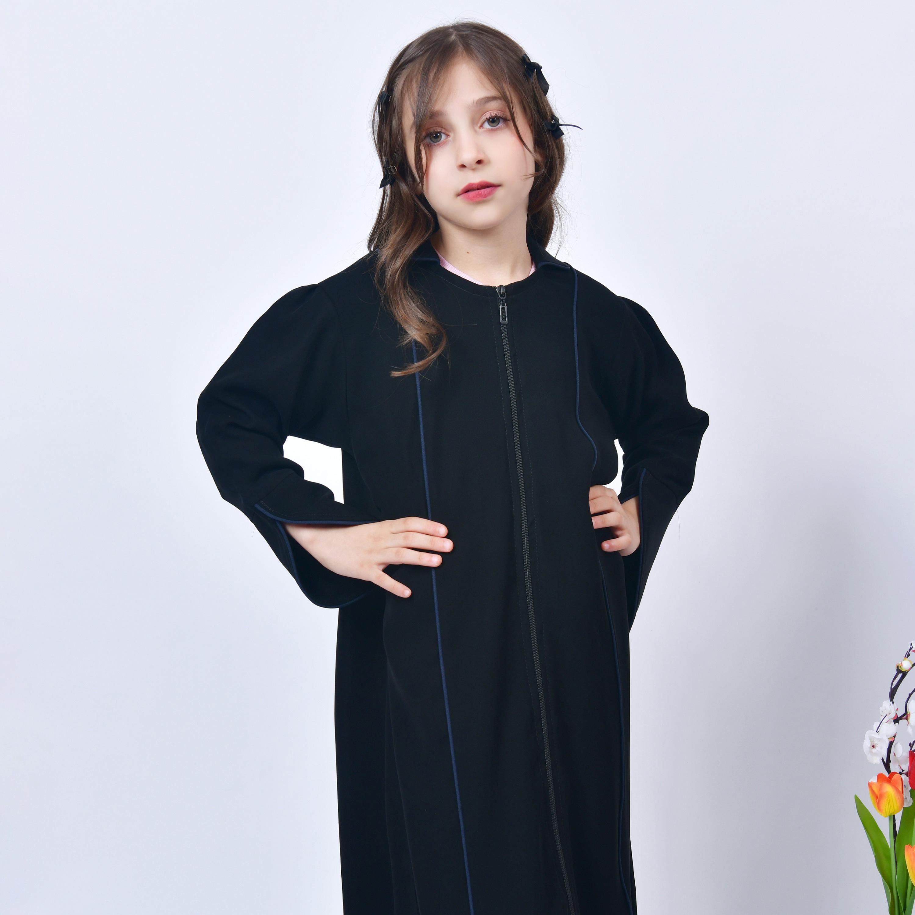 Hawraa Navy Blue Open-Front Neck Slit Detail Sleeves Crepe Girls Abaya with Hijab-girls-arabicclothing-abayas-image-5