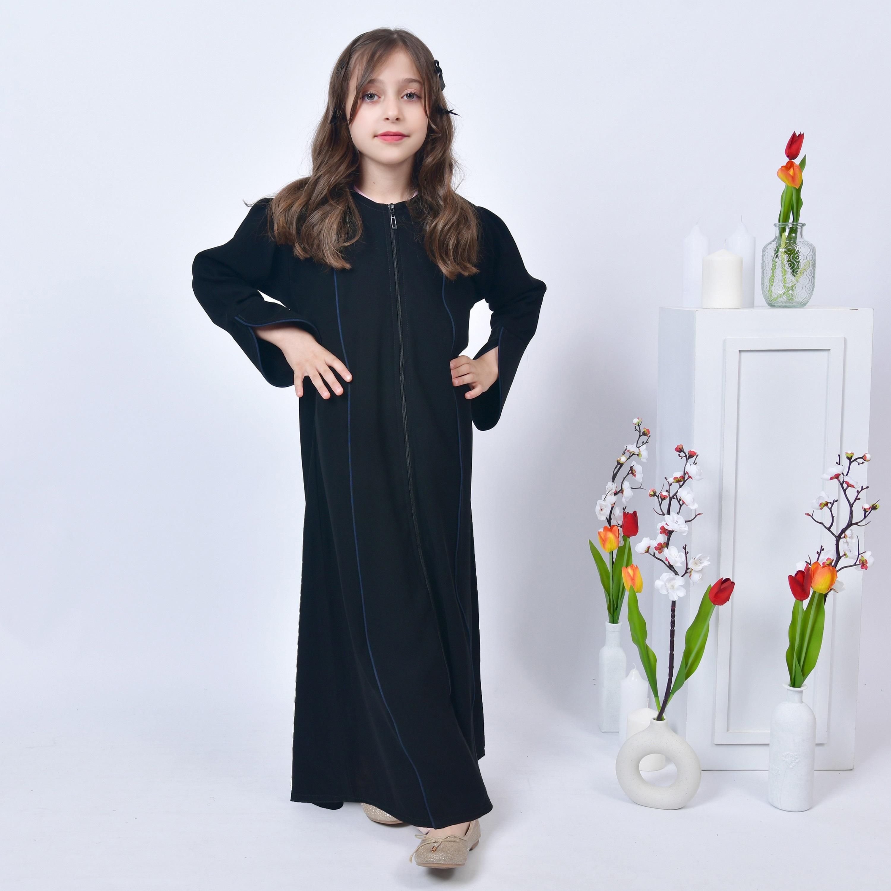 Hawraa Navy Blue Open-Front Neck Slit Detail Sleeves Crepe Girls Abaya with Hijab-girls-arabicclothing-abayas-image-6