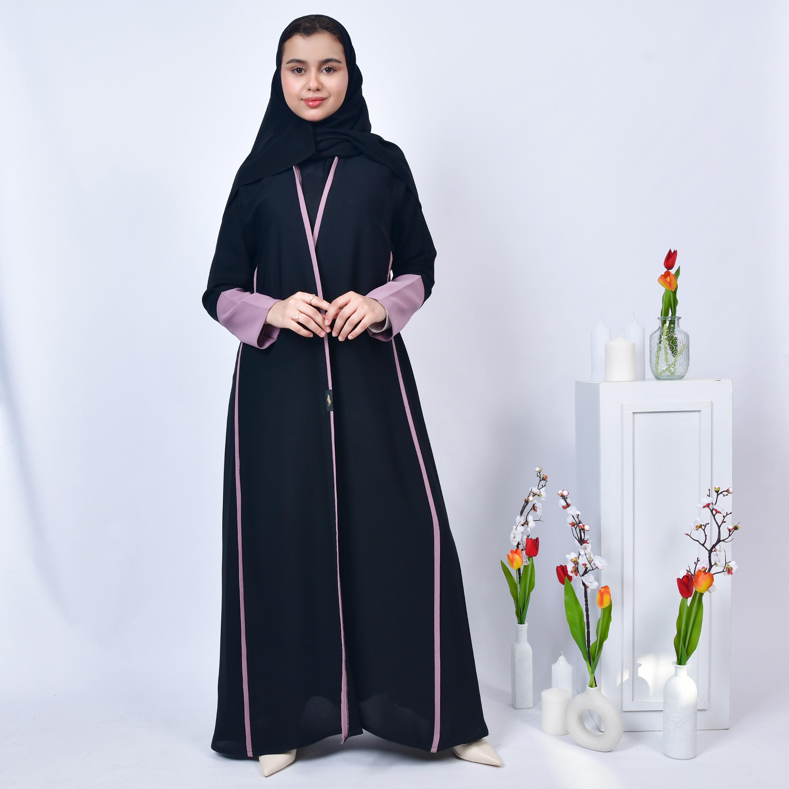 Hawraa Navy Blue Open-Front Neck Purple Overlapping Sleeves Crepe Girls Abaya with Hijab-girls-arabicclothing-abayas-image-1