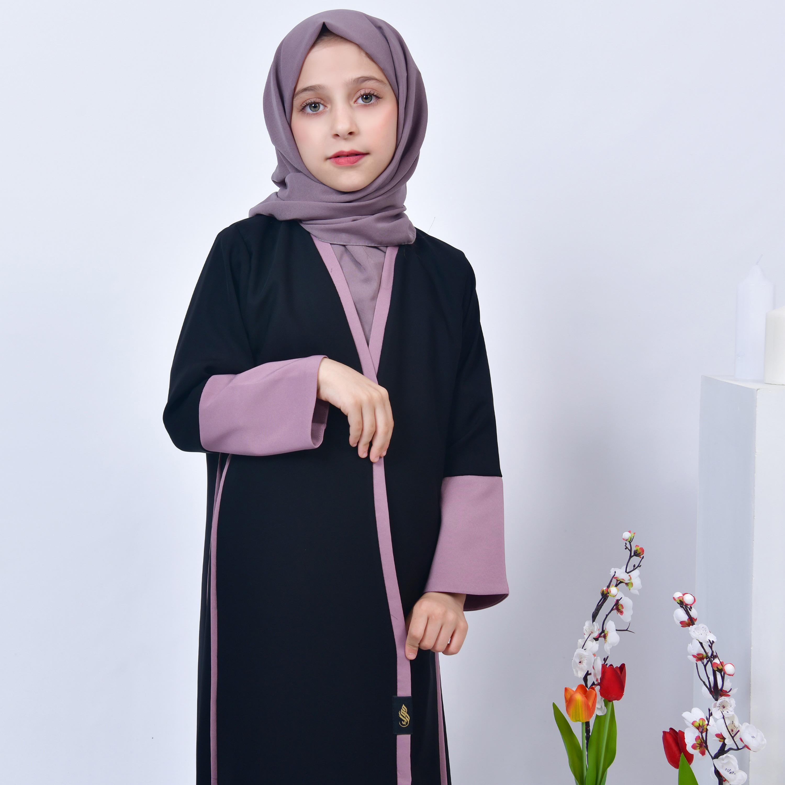 Hawraa Navy Blue Open-Front Neck Purple Overlapping Sleeves Crepe Girls Abaya with Hijab-girls-arabicclothing-abayas-image-2