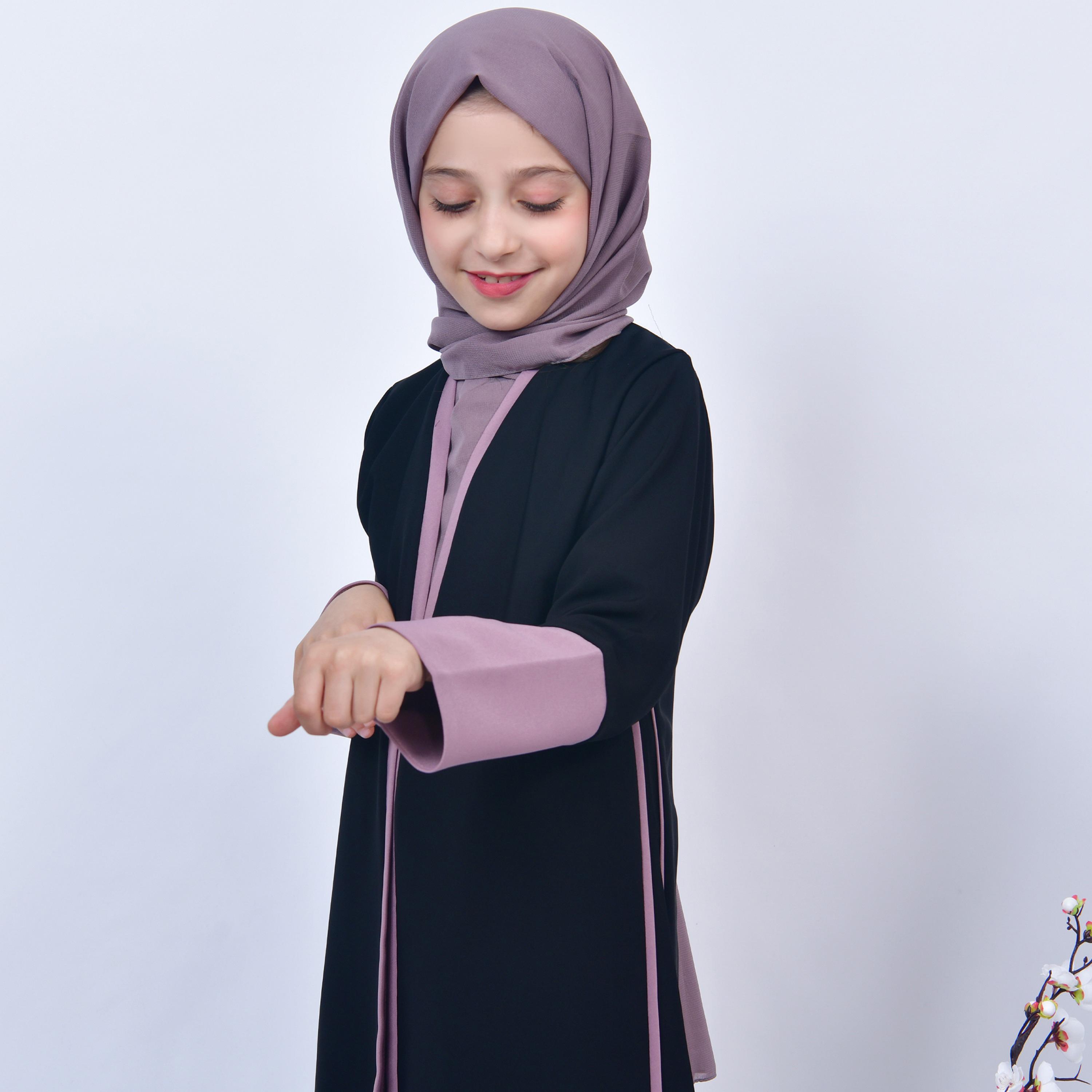Hawraa Navy Blue Open-Front Neck Purple Overlapping Sleeves Crepe Girls Abaya with Hijab-girls-arabicclothing-abayas-image-3