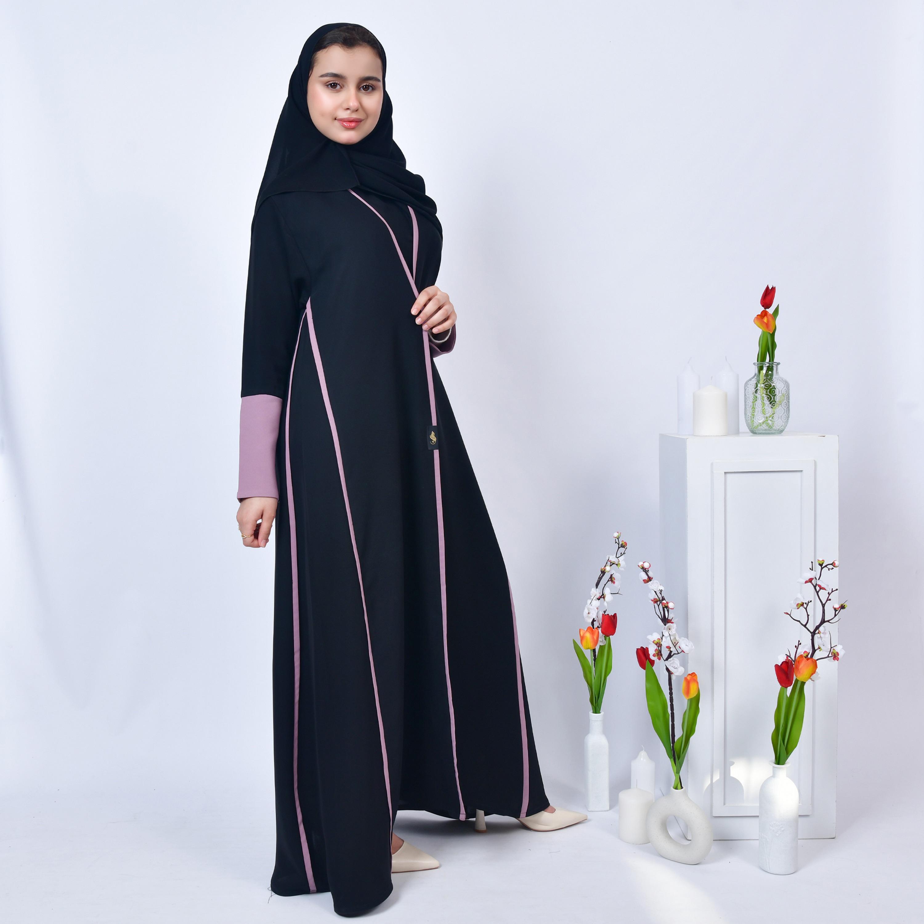 Hawraa Navy Blue Open-Front Neck Purple Overlapping Sleeves Crepe Girls Abaya with Hijab-girls-arabicclothing-abayas-image-4