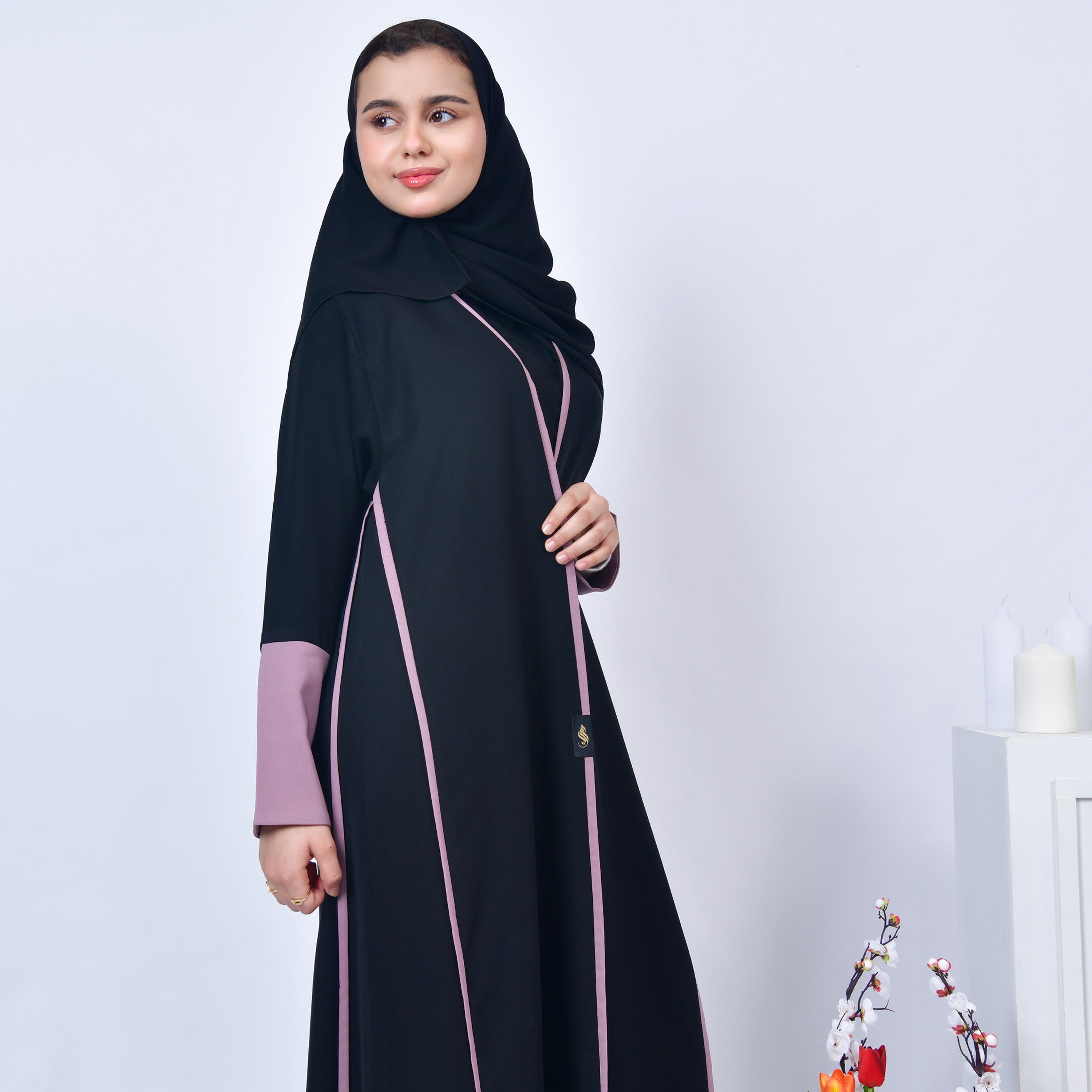 Hawraa Navy Blue Open-Front Neck Purple Overlapping Sleeves Crepe Girls Abaya with Hijab-girls-arabicclothing-abayas-image-5