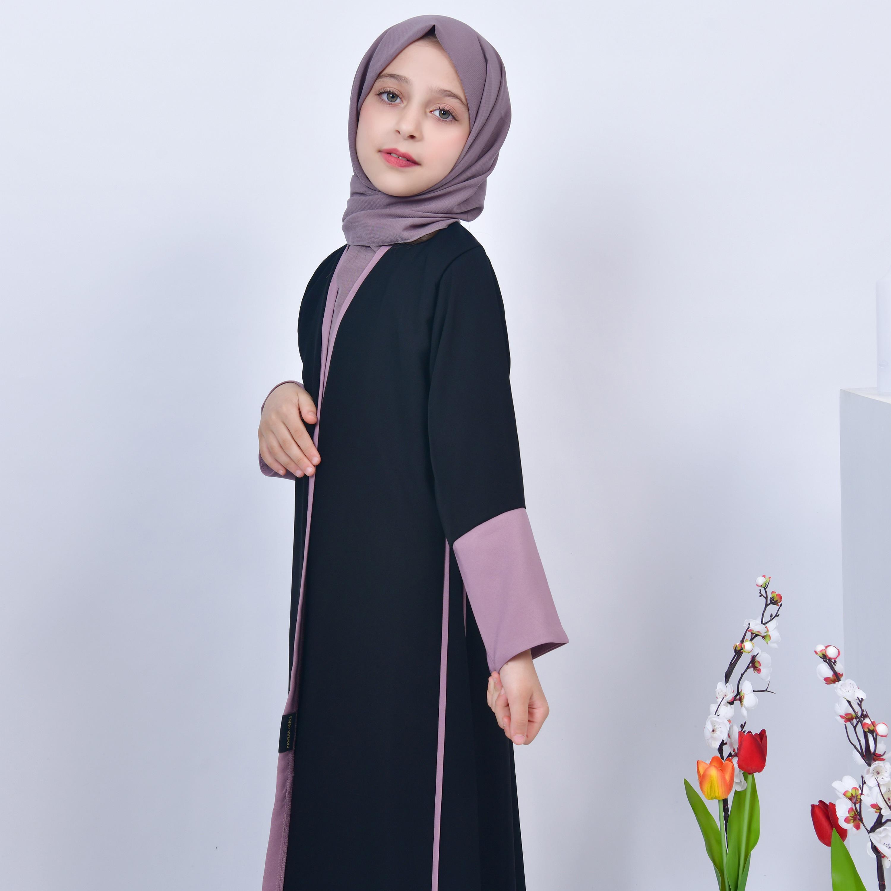 Hawraa Navy Blue Open-Front Neck Purple Overlapping Sleeves Crepe Girls Abaya with Hijab-girls-arabicclothing-abayas-image-6