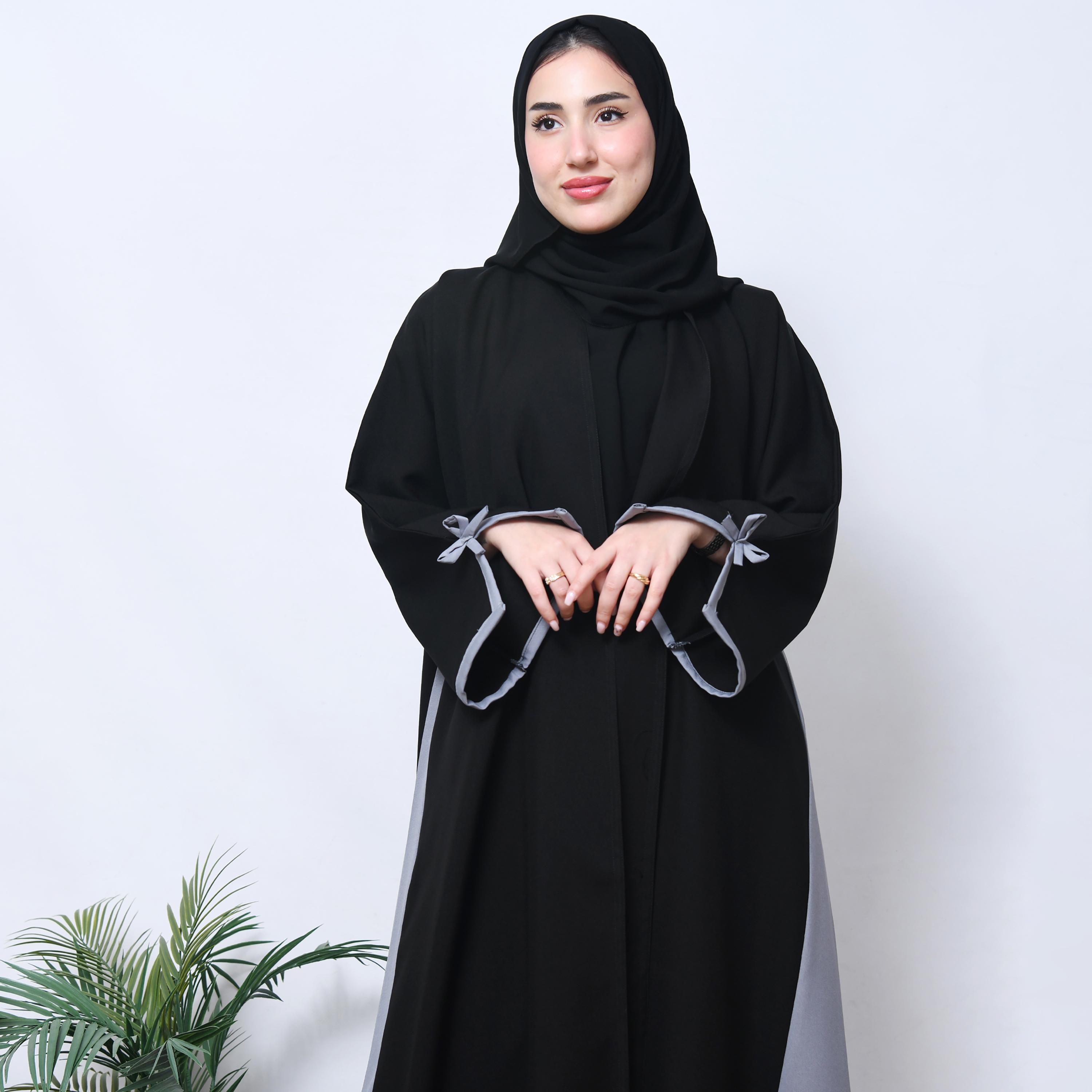 عباية نسائية من الكتان مع حجاب من حوراء، بأكمام طويلة وفتحة عنق، بألوان متعددة من حوراء-women-arabicclothing-abayas-image-2
