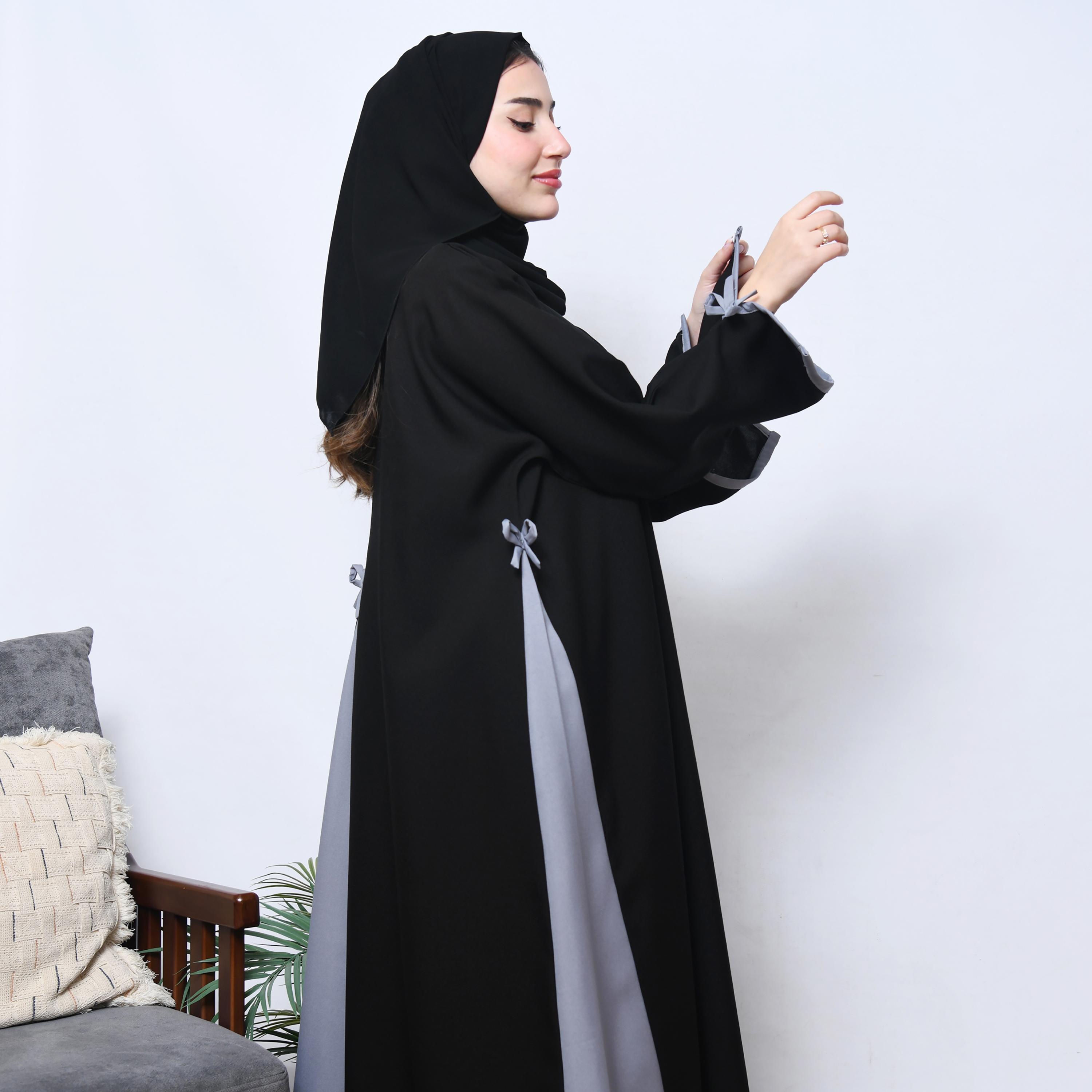 عباية نسائية من الكتان مع حجاب من حوراء، بأكمام طويلة وفتحة عنق، بألوان متعددة من حوراء-women-arabicclothing-abayas-image-4