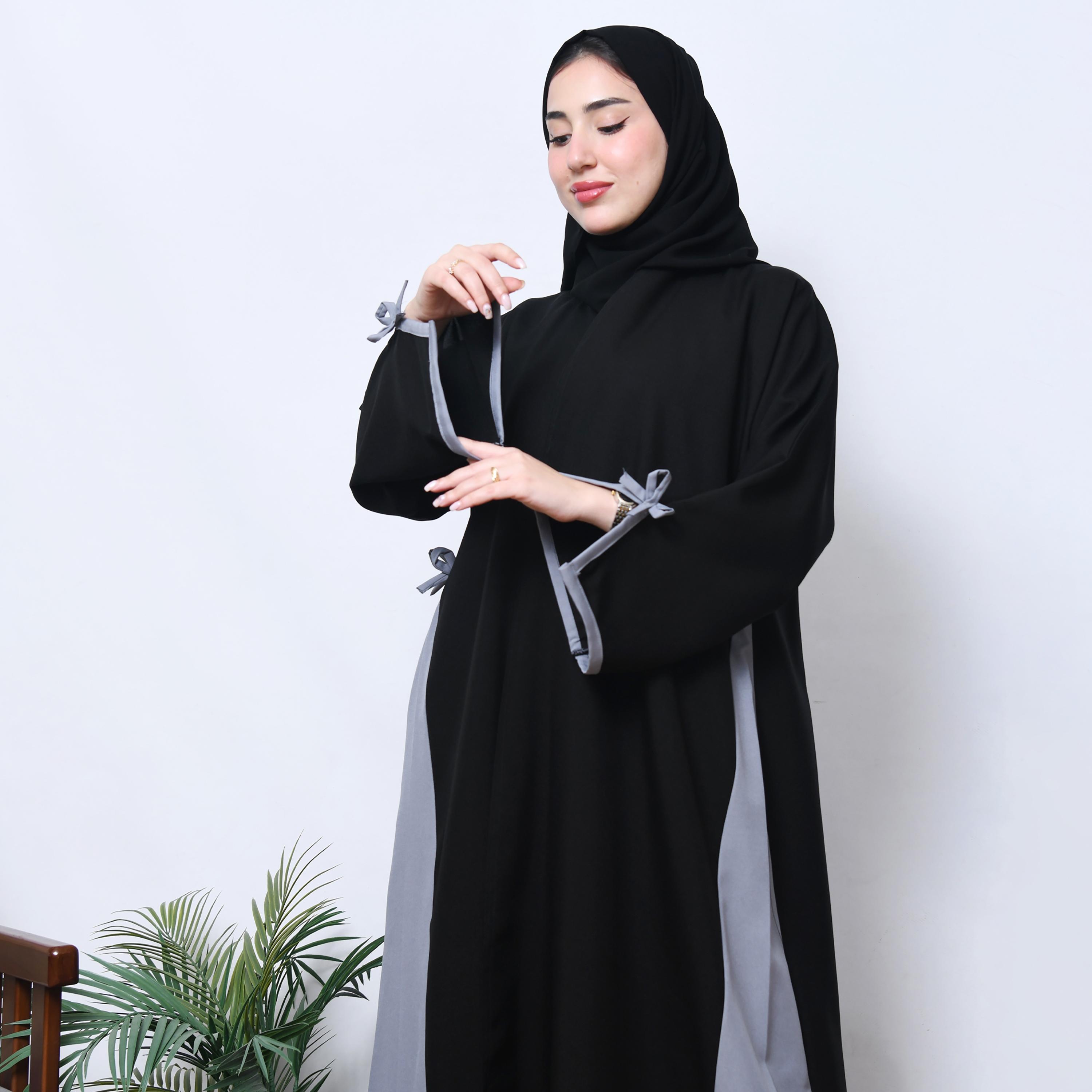 عباية نسائية من الكتان مع حجاب من حوراء، بأكمام طويلة وفتحة عنق، بألوان متعددة من حوراء-women-arabicclothing-abayas-image-5