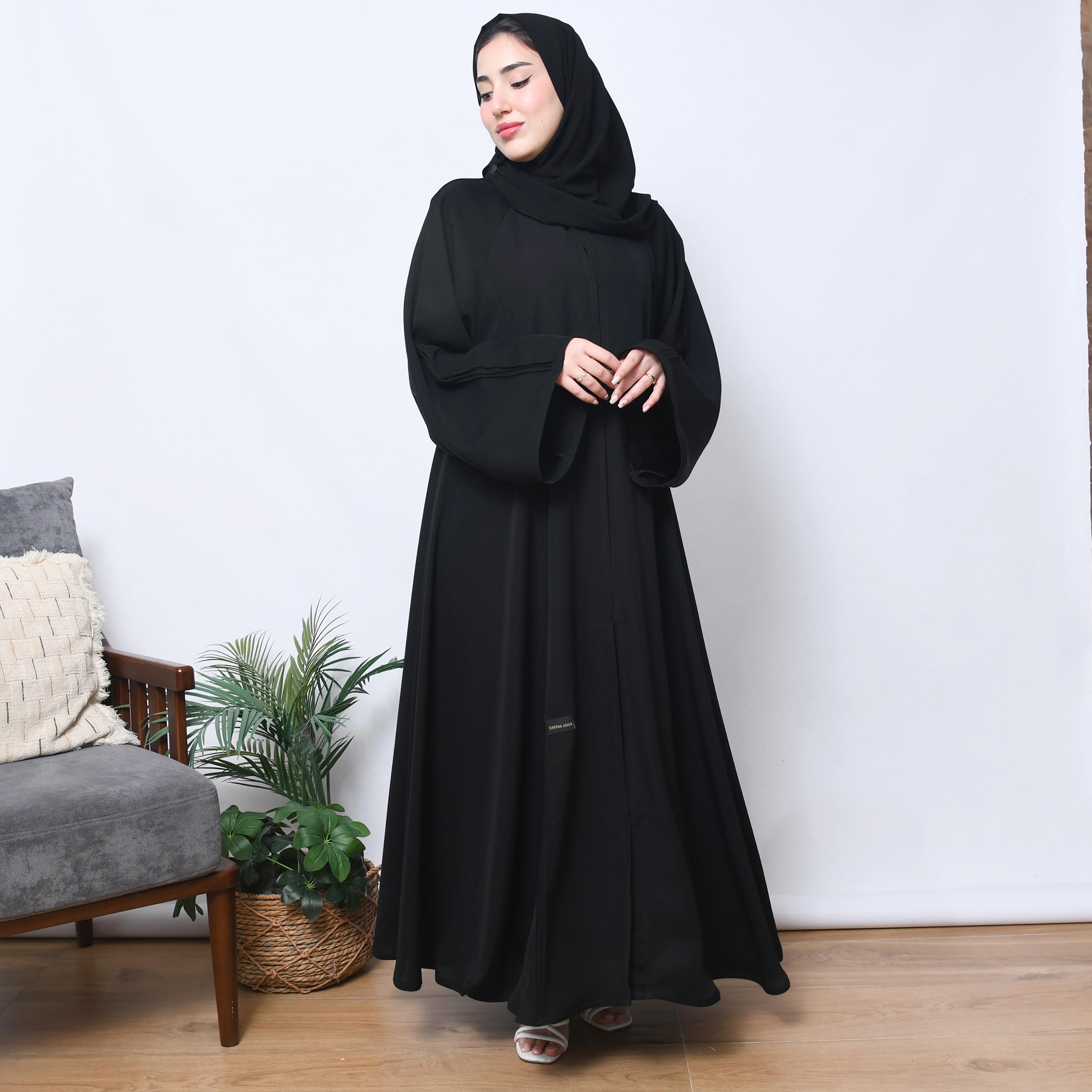 Hawraa Black Flared Sleeves Linen Women's Abaya with Hijab-women-arabicclothing-prayerclothing-image-1