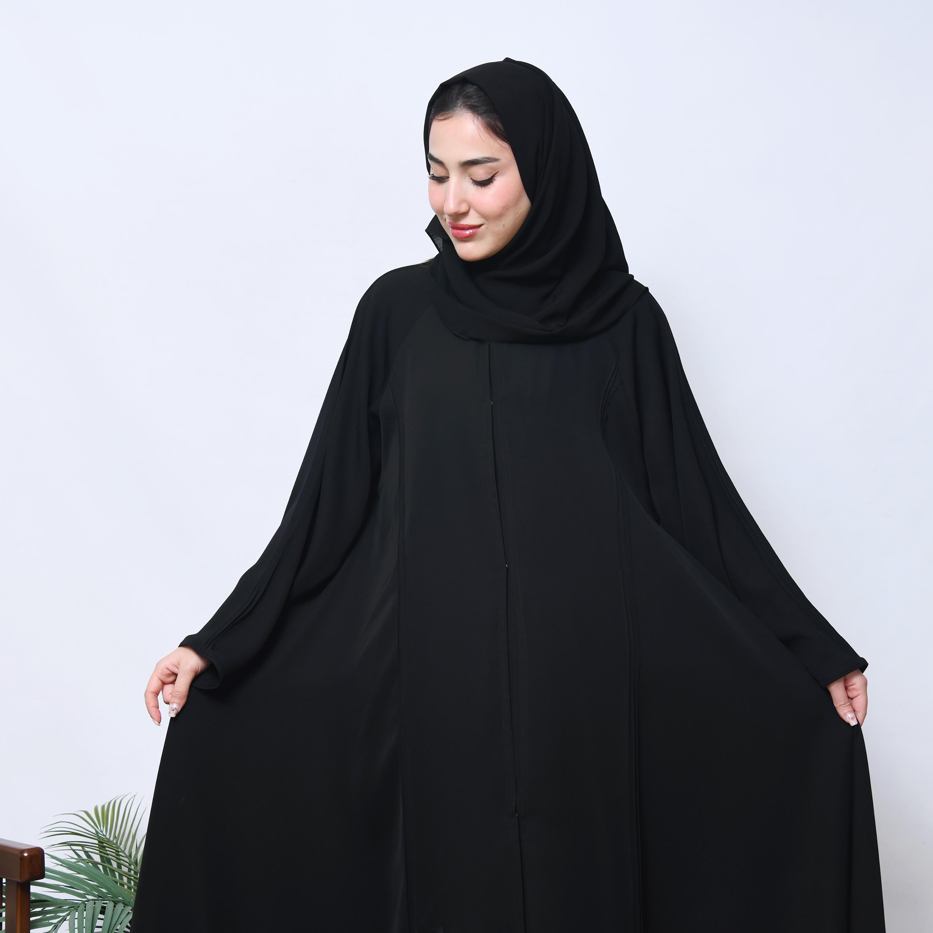 Hawraa Black Flared Sleeves Linen Women's Abaya with Hijab-women-arabicclothing-prayerclothing-image-2