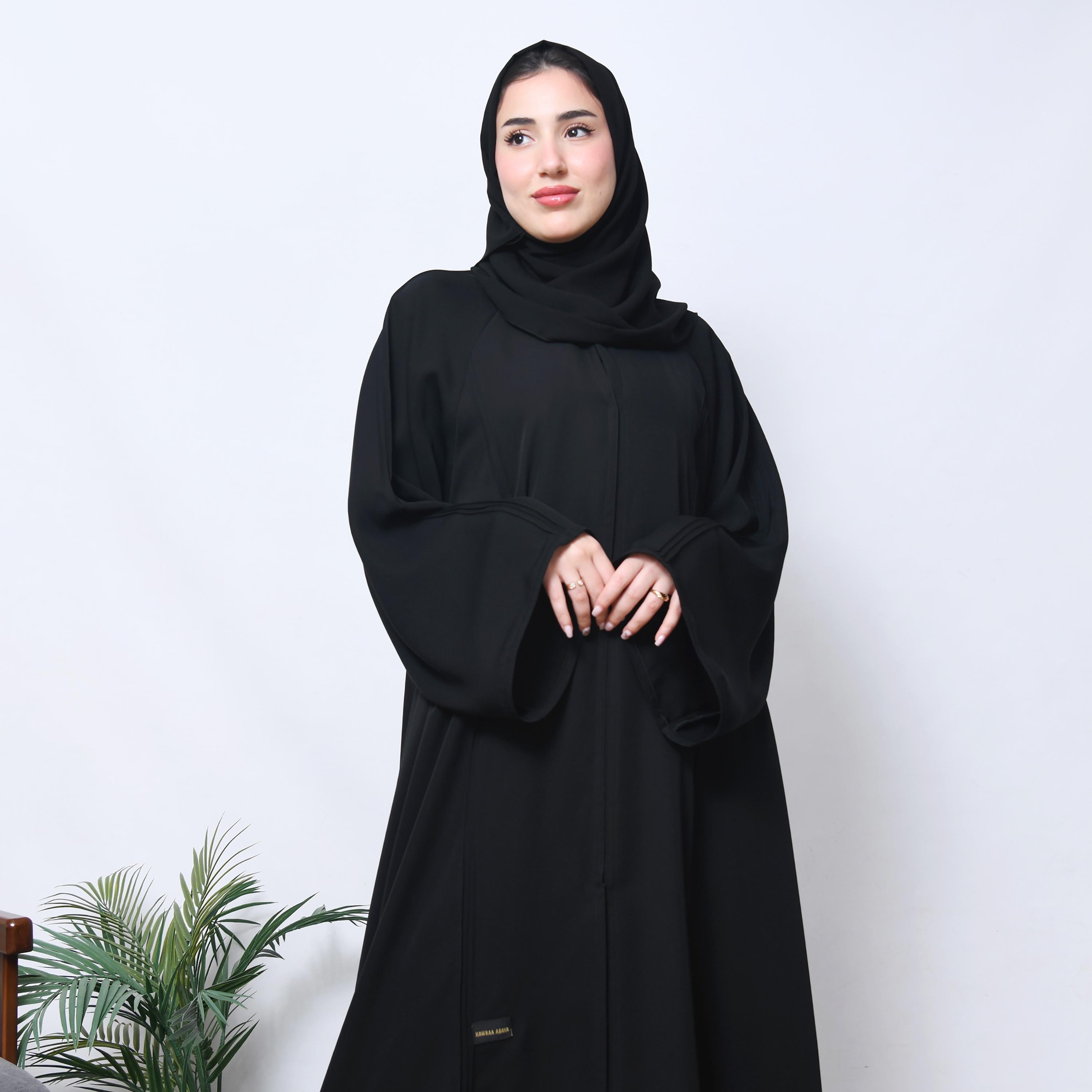 Hawraa Black Flared Sleeves Linen Women's Abaya with Hijab-women-arabicclothing-prayerclothing-image-3
