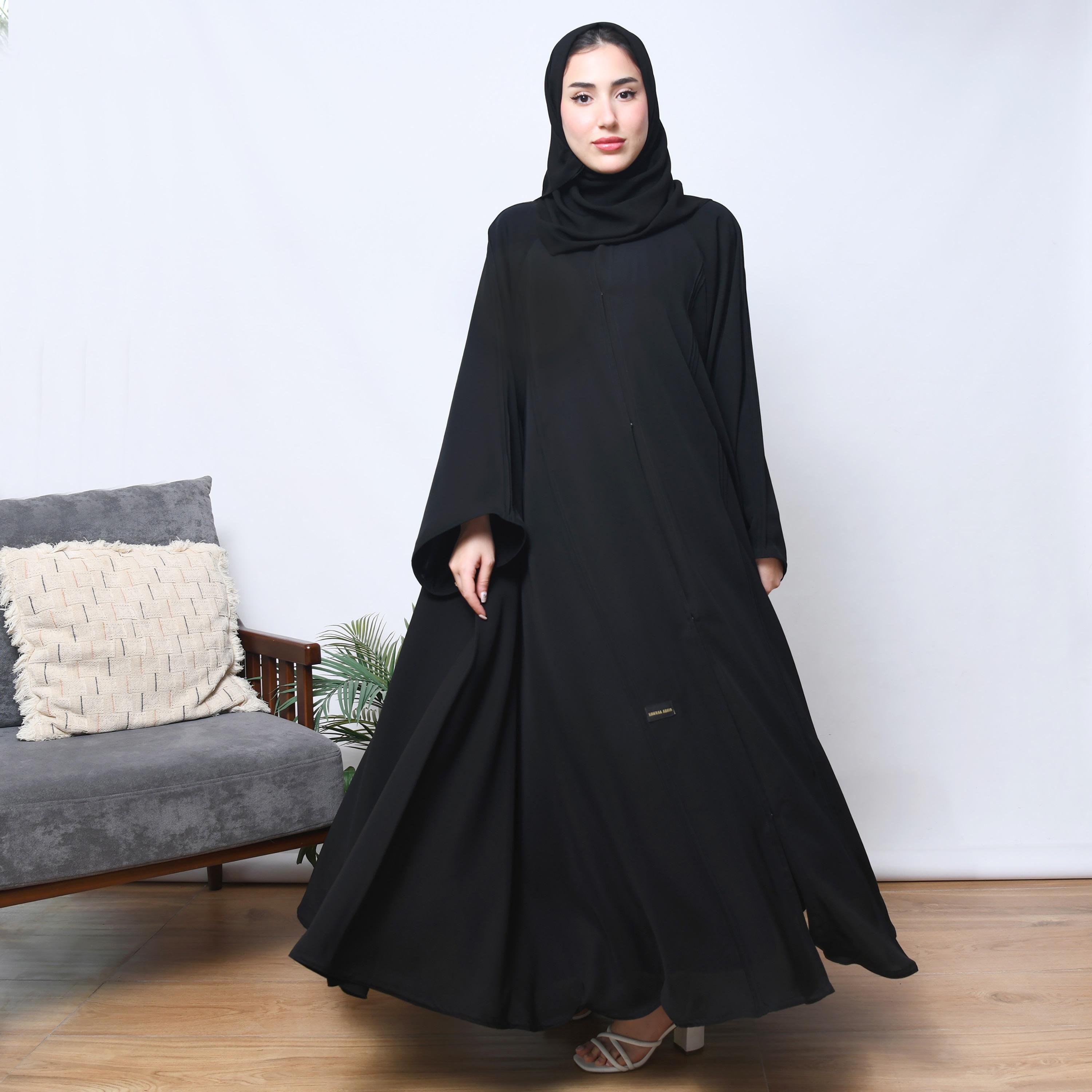 Hawraa Black Flared Sleeves Linen Women's Abaya with Hijab-women-arabicclothing-prayerclothing-image-4
