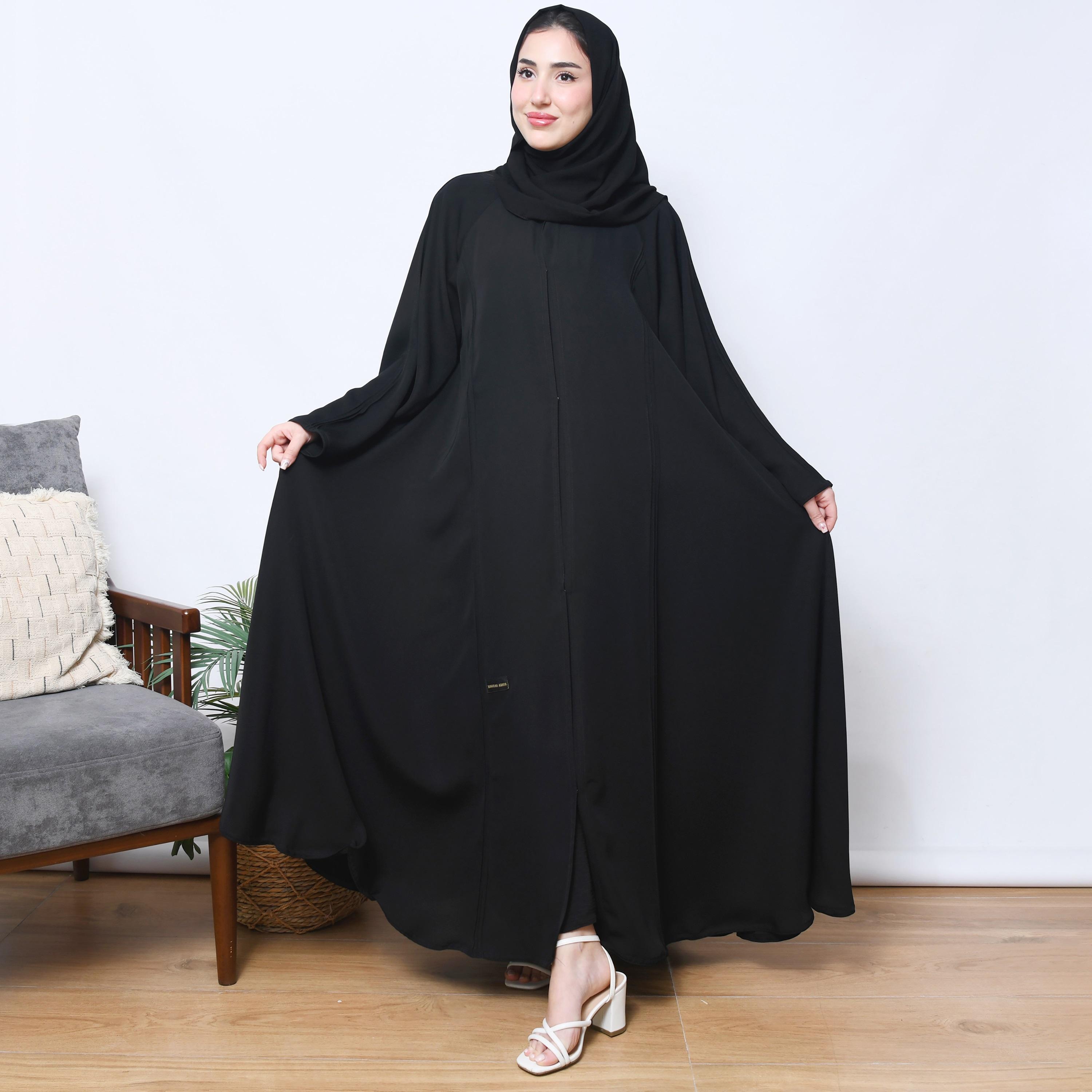 Hawraa Black Flared Sleeves Linen Women's Abaya with Hijab-women-arabicclothing-prayerclothing-image-5