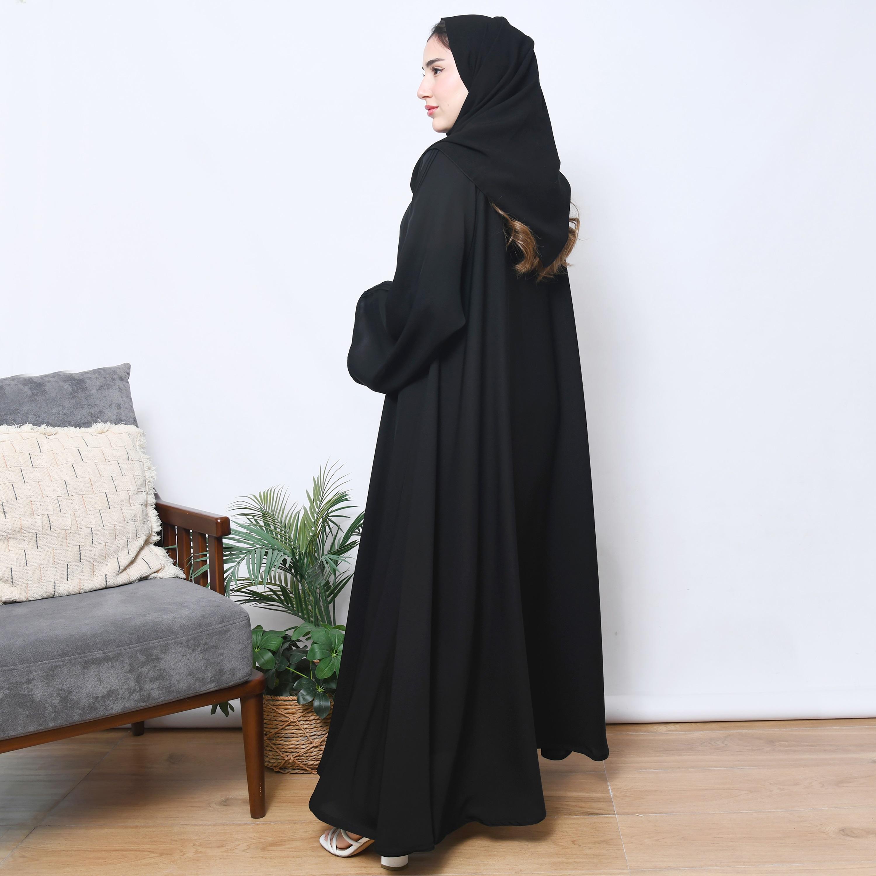 Hawraa Black Flared Sleeves Linen Women's Abaya with Hijab-women-arabicclothing-prayerclothing-image-6
