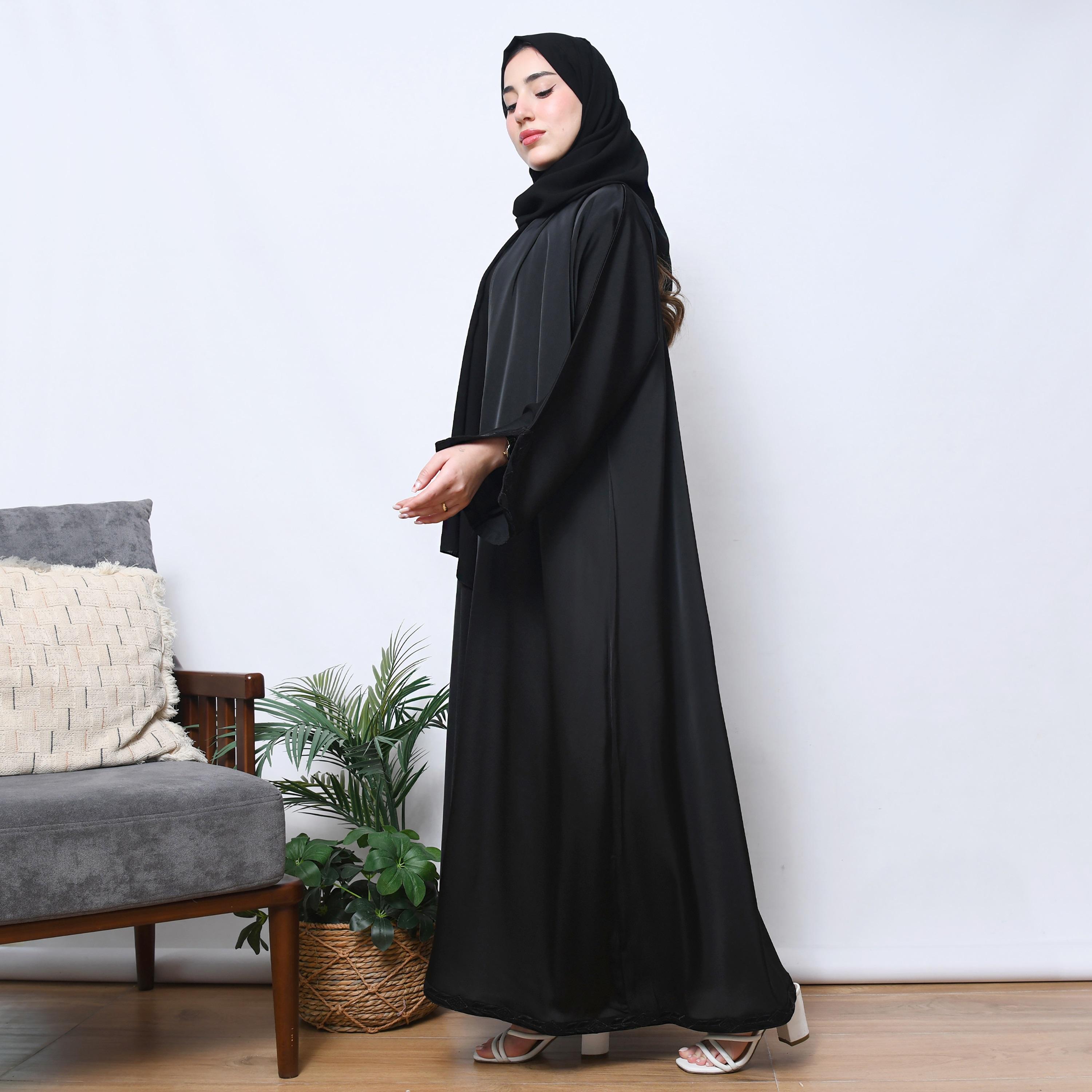 Hawraa Black Embroidered Slit Cuff Sleeve Linen Women's Wrap Abaya with Hijab-women-arabicclothing-abayas-image-1