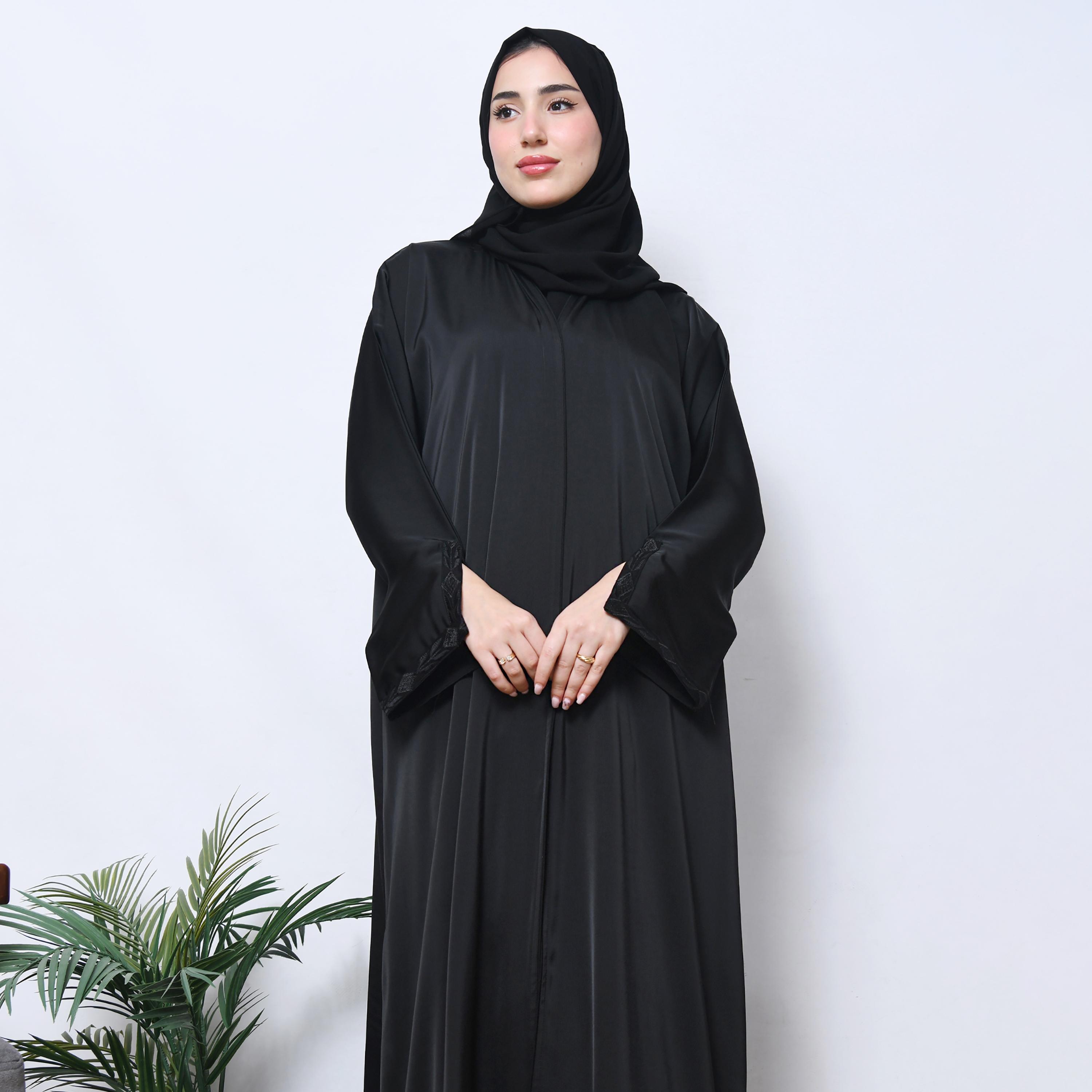 Hawraa Black Embroidered Slit Cuff Sleeve Linen Women's Wrap Abaya with Hijab-women-arabicclothing-abayas-image-2