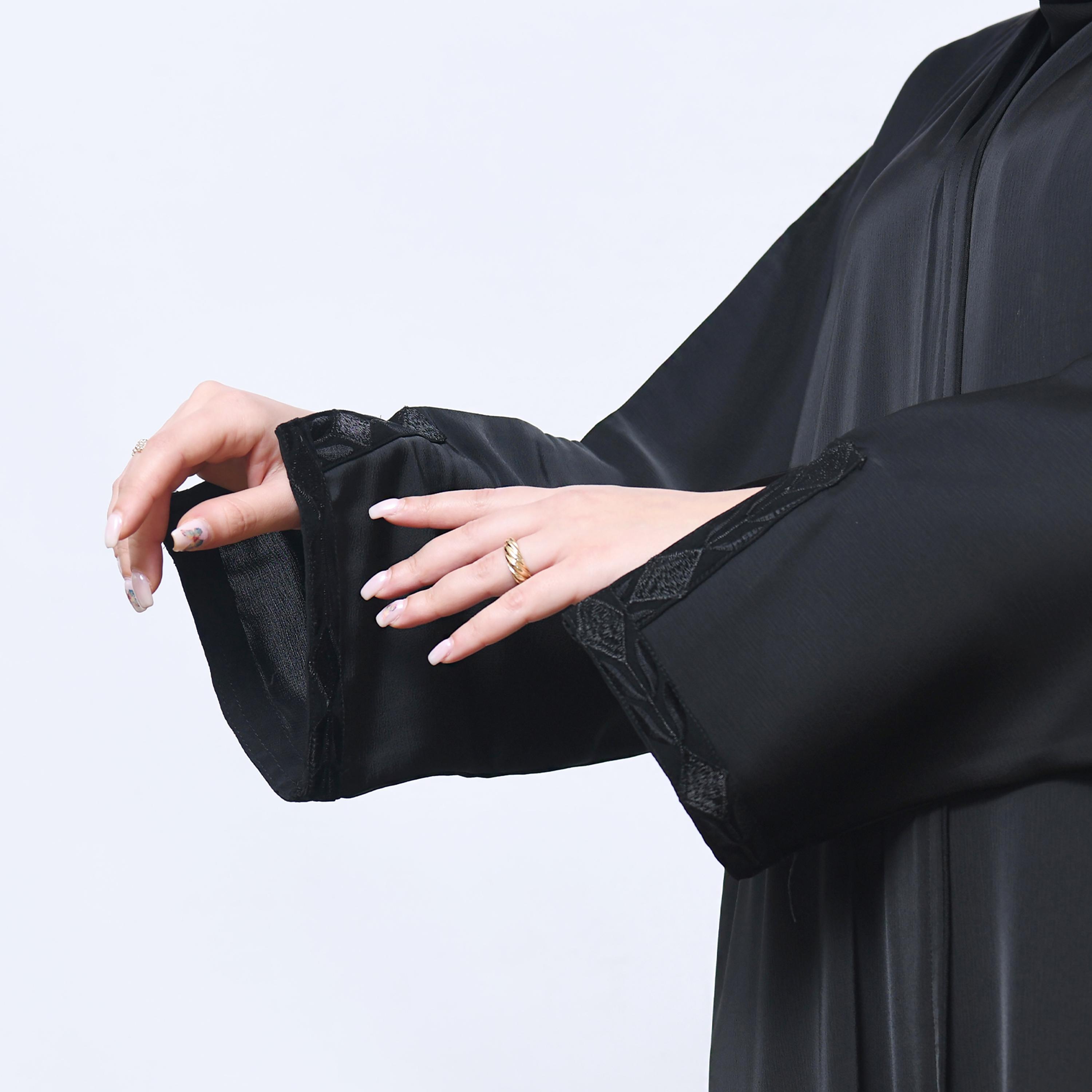 Hawraa Black Embroidered Slit Cuff Sleeve Linen Women's Wrap Abaya with Hijab-women-arabicclothing-abayas-image-3