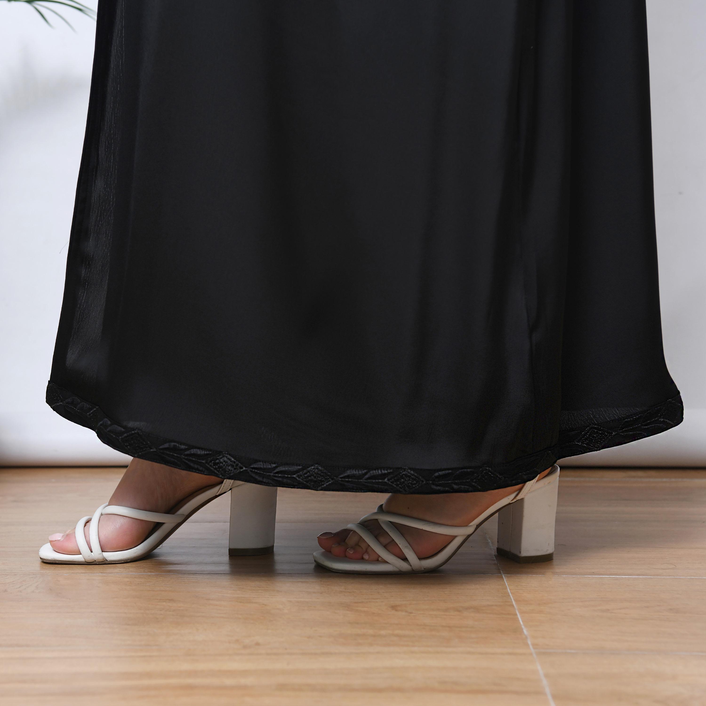 Hawraa Black Embroidered Slit Cuff Sleeve Linen Women's Wrap Abaya with Hijab-women-arabicclothing-abayas-image-4