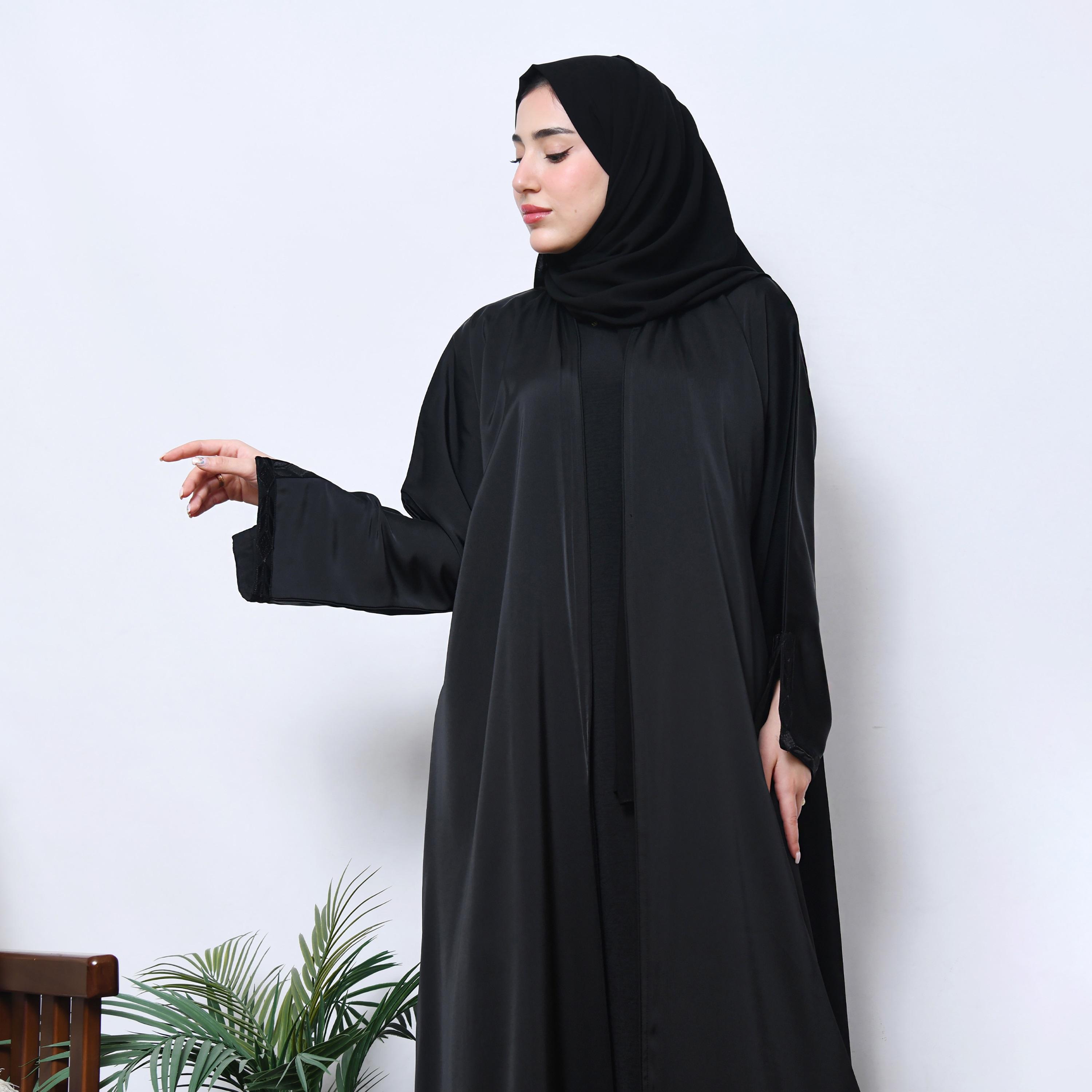 Hawraa Black Embroidered Slit Cuff Sleeve Linen Women's Wrap Abaya with Hijab-women-arabicclothing-abayas-image-5