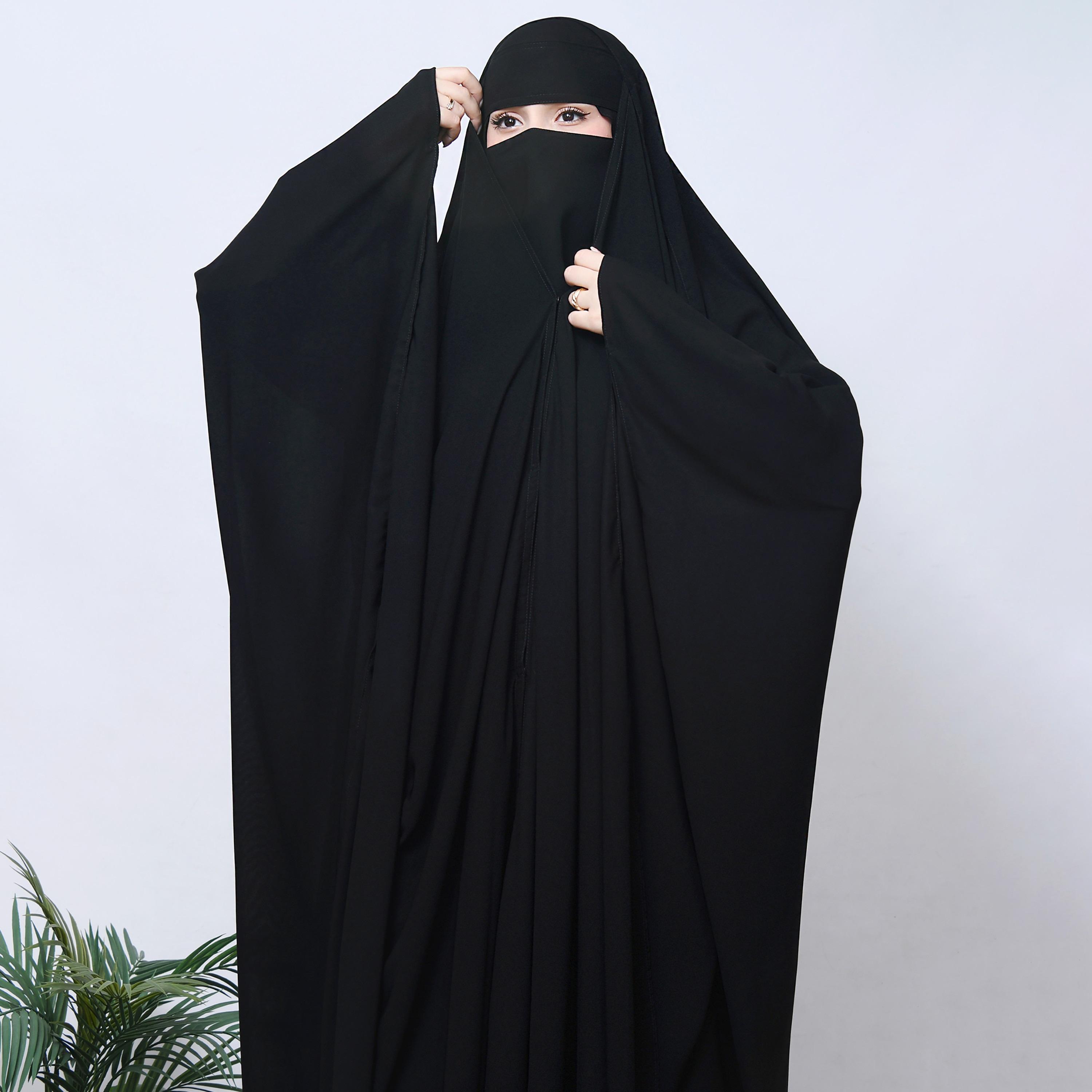 Hawraa Black Batwing Sleeves Linen Women's Butterfly Abaya with Niqab-women-arabicclothing-prayerclothing-image-1
