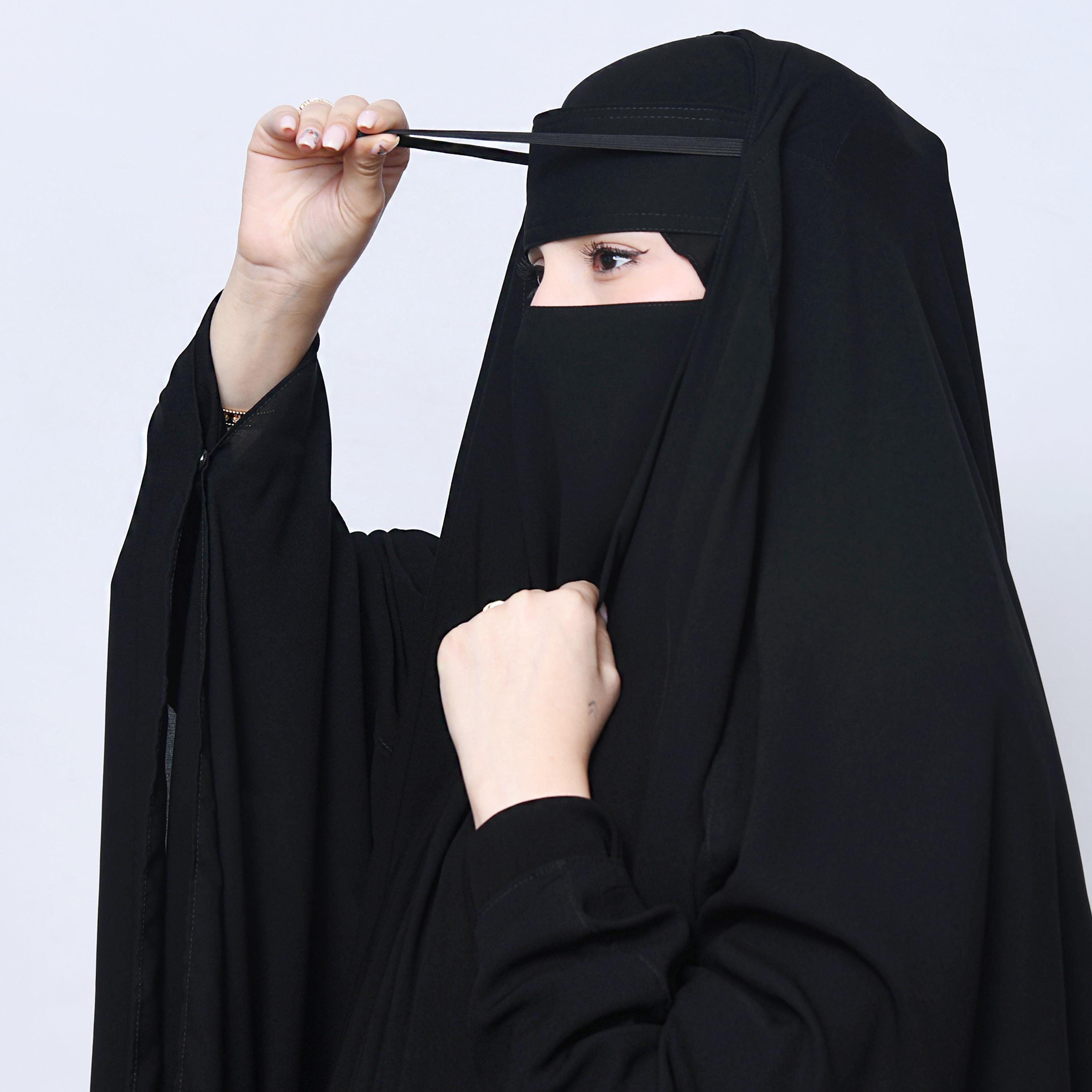 Hawraa Black Batwing Sleeves Linen Women's Butterfly Abaya with Niqab-women-arabicclothing-prayerclothing-image-2
