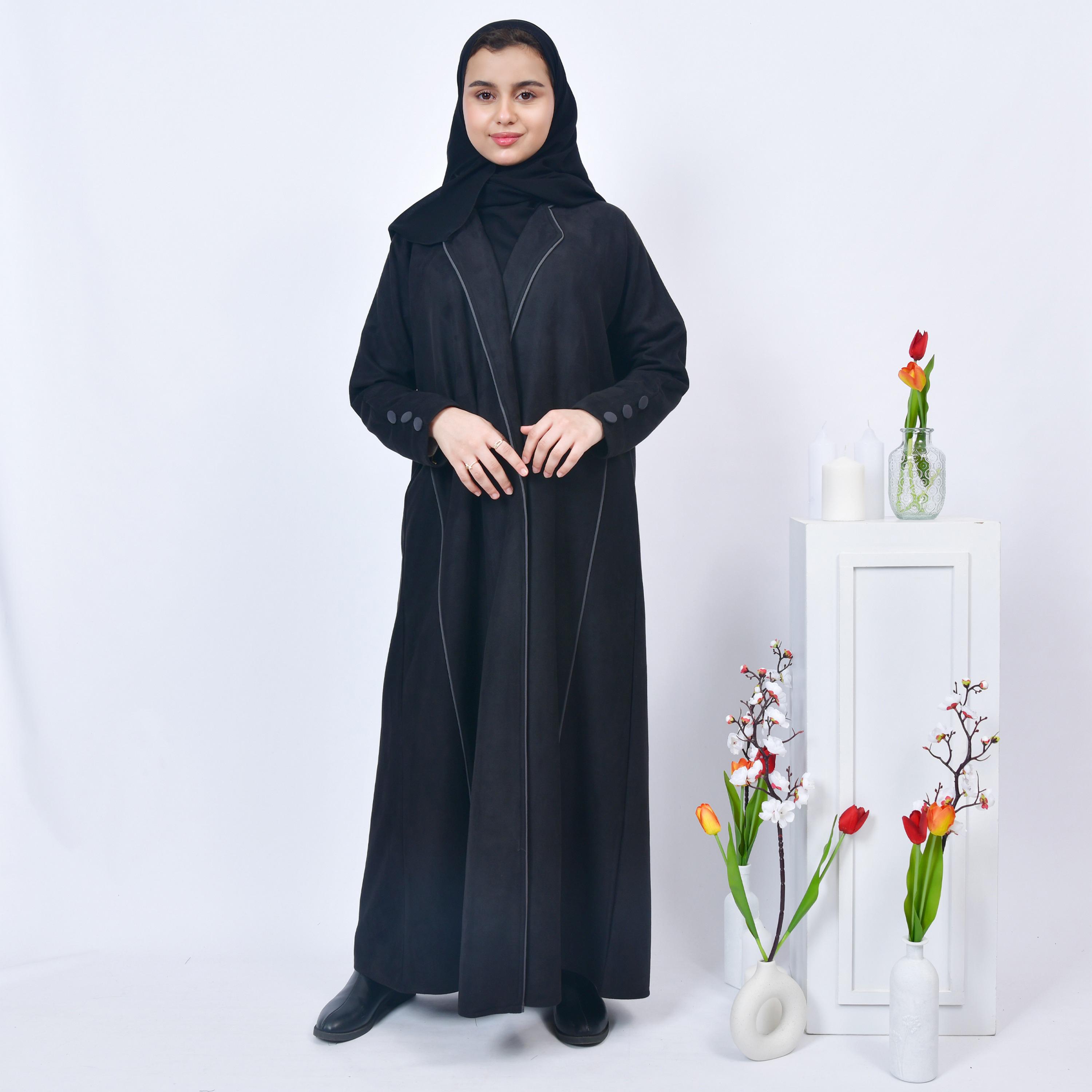 Hawraa Black Open-Front Neck Shamwa Girls Abaya with Hijab-girls-arabicclothing-abayas-image-1
