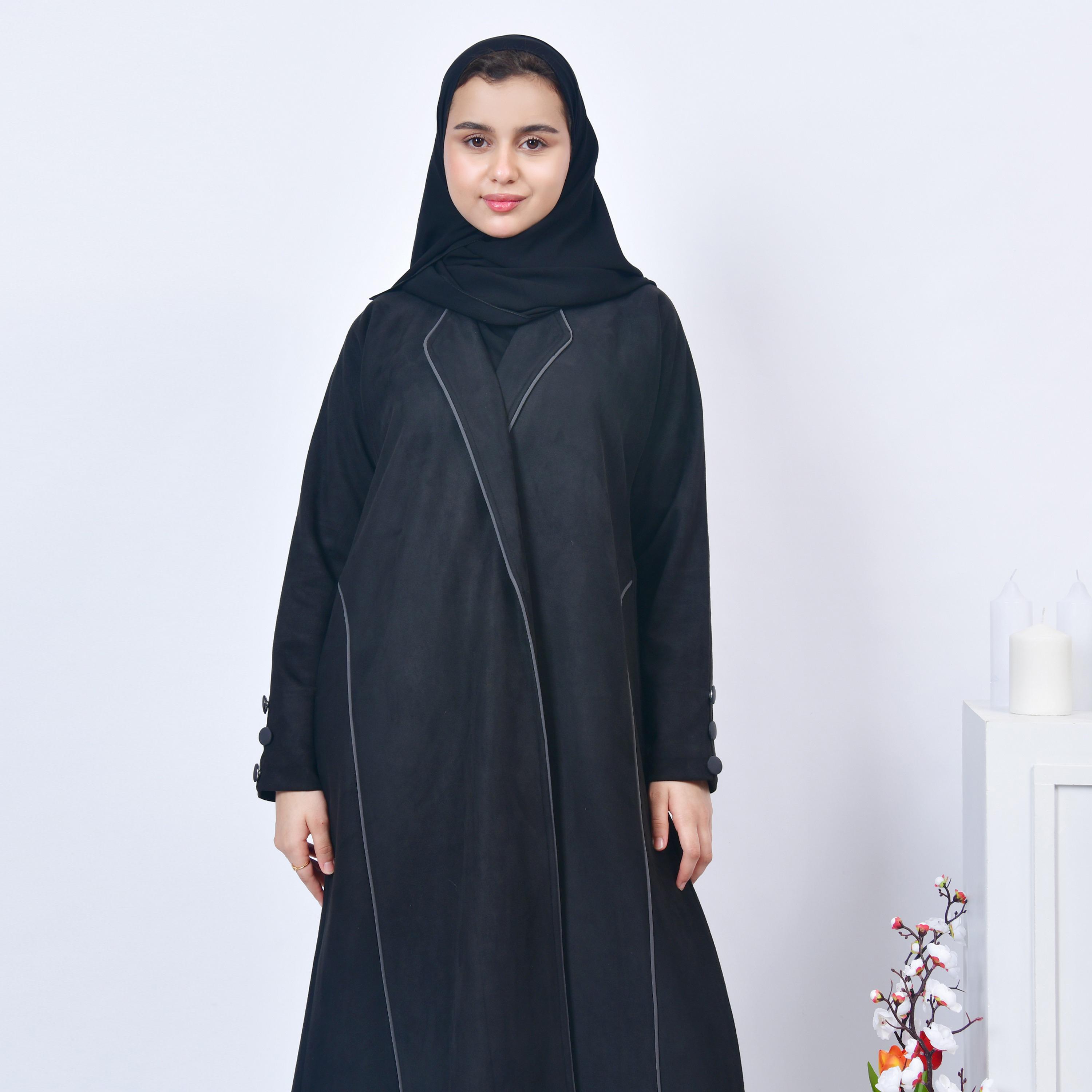 Hawraa Black Open-Front Neck Shamwa Girls Abaya with Hijab-girls-arabicclothing-abayas-image-2