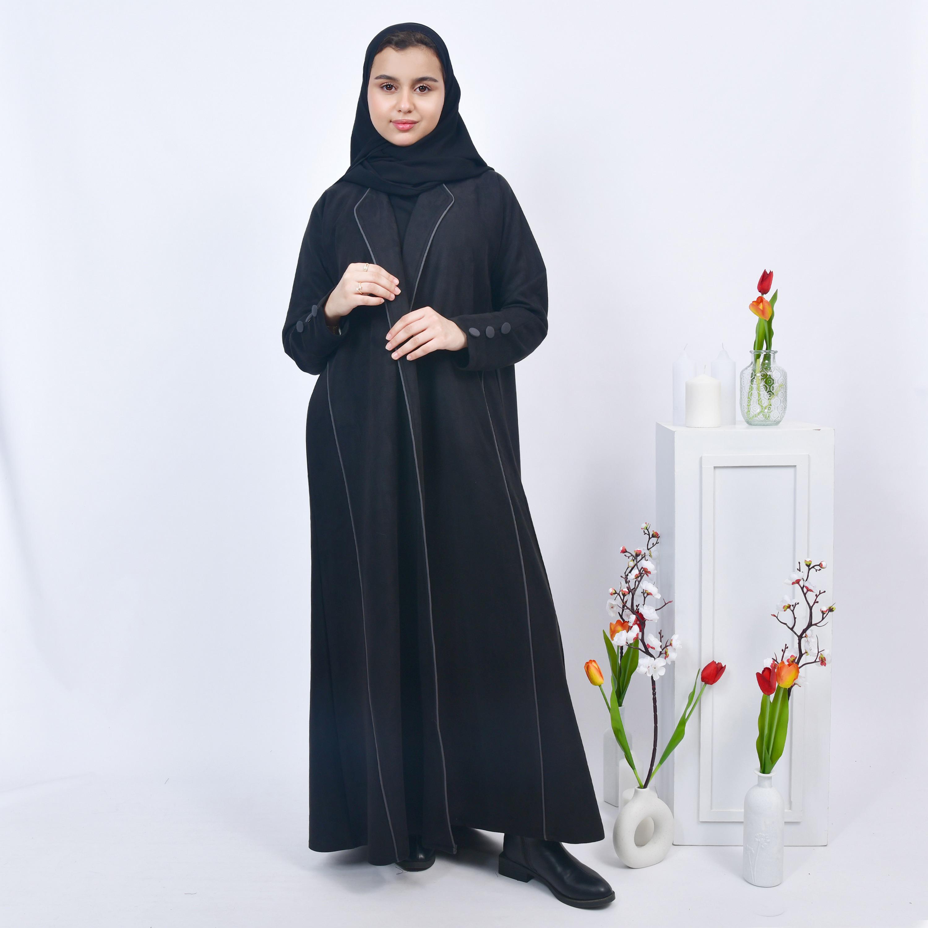 Hawraa Black Open-Front Neck Shamwa Girls Abaya with Hijab-girls-arabicclothing-abayas-image-4