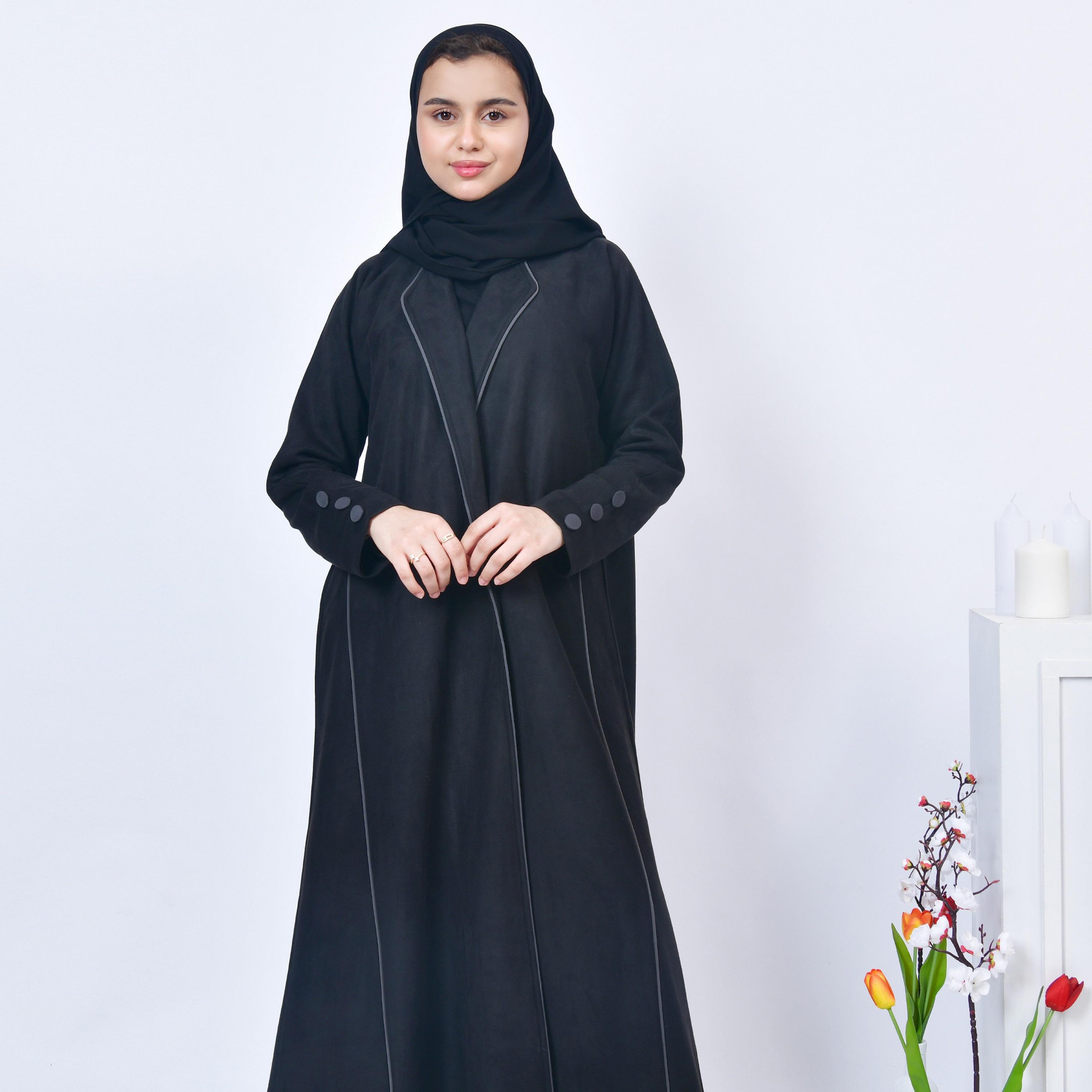 Hawraa Black Open-Front Neck Shamwa Girls Abaya with Hijab-girls-arabicclothing-abayas-image-5