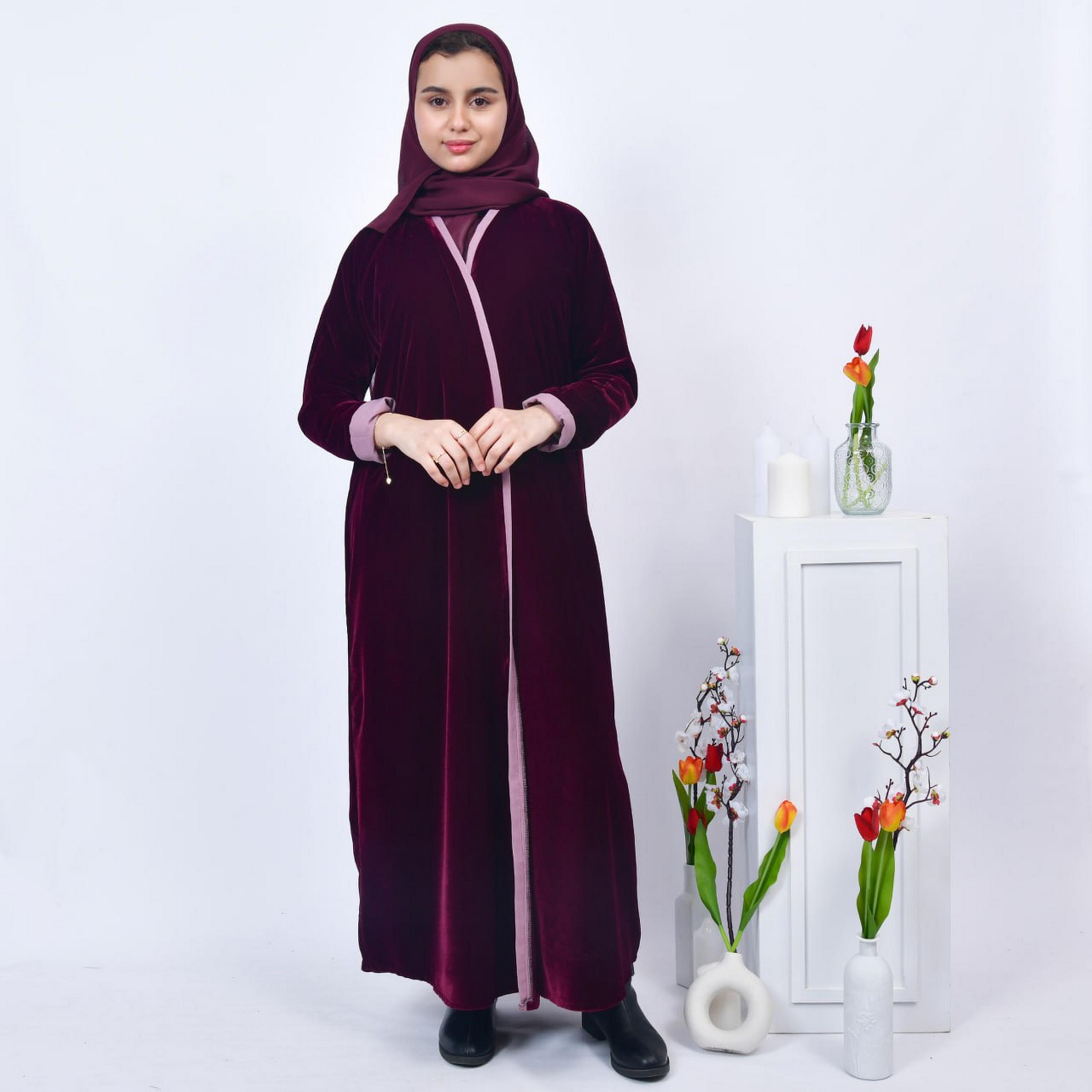 Hawraa Burgundy Open-Front Neck Velvet Girls Abaya with Hijab-girls-arabicclothing-abayas-image-1