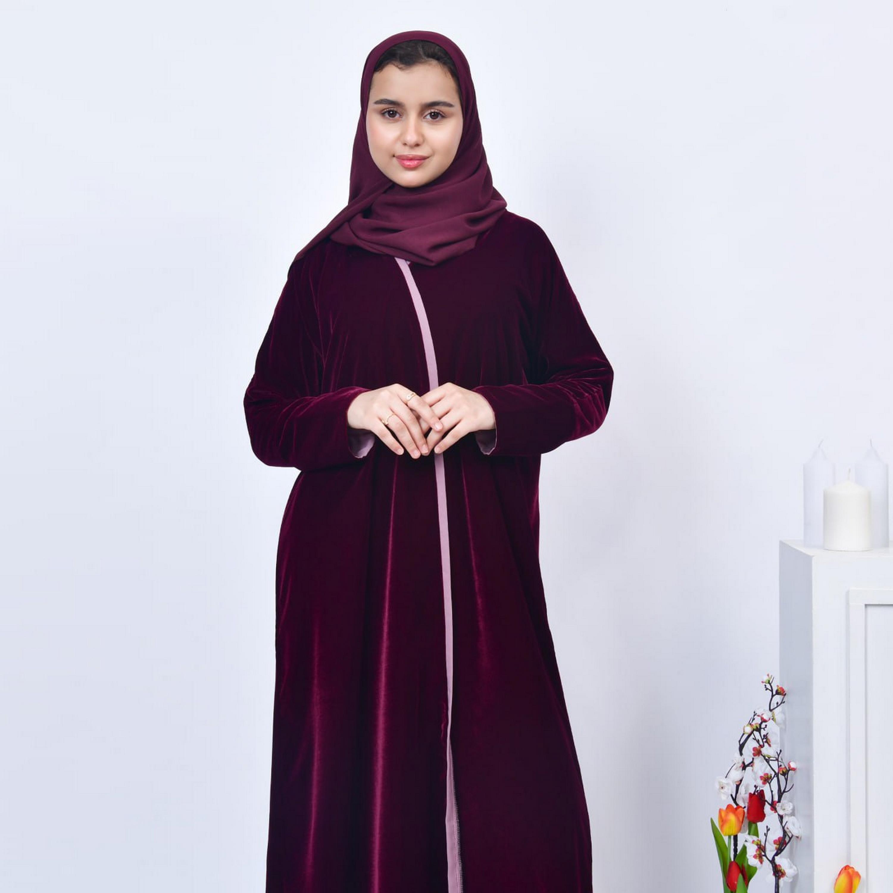 Hawraa Burgundy Open-Front Neck Velvet Girls Abaya with Hijab-girls-arabicclothing-abayas-image-2
