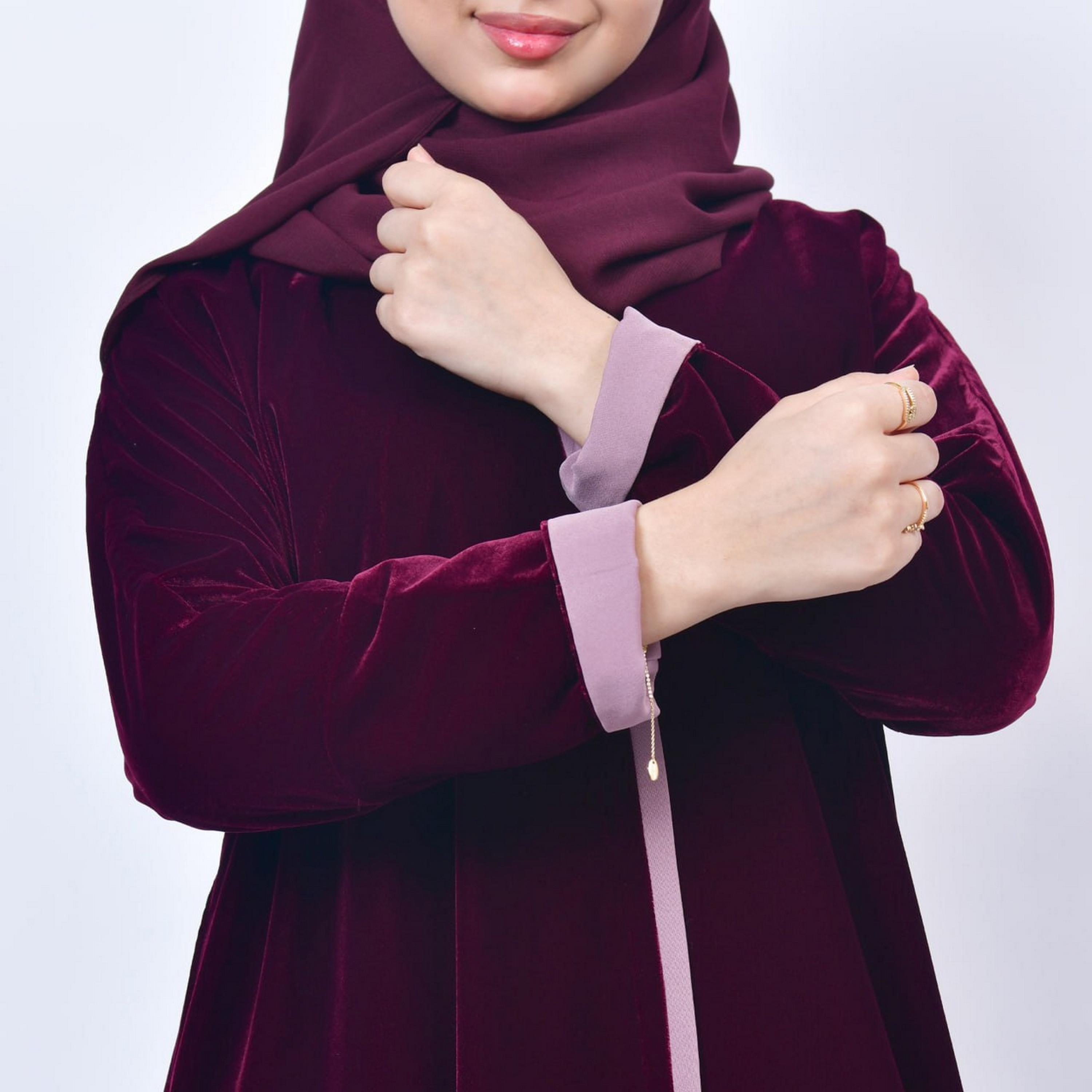 Hawraa Burgundy Open-Front Neck Velvet Girls Abaya with Hijab-girls-arabicclothing-abayas-image-3