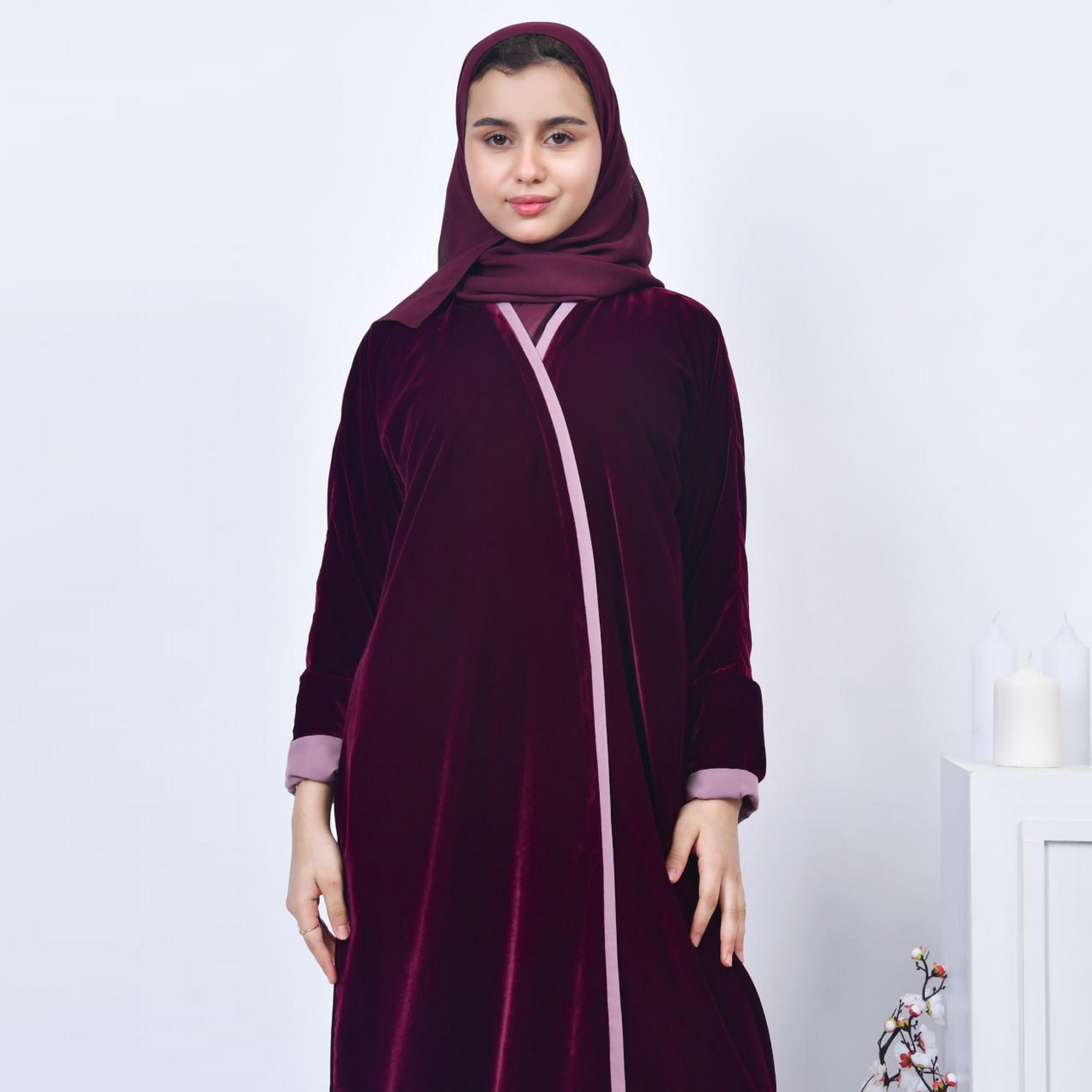 Hawraa Burgundy Open-Front Neck Velvet Girls Abaya with Hijab-girls-arabicclothing-abayas-image-4