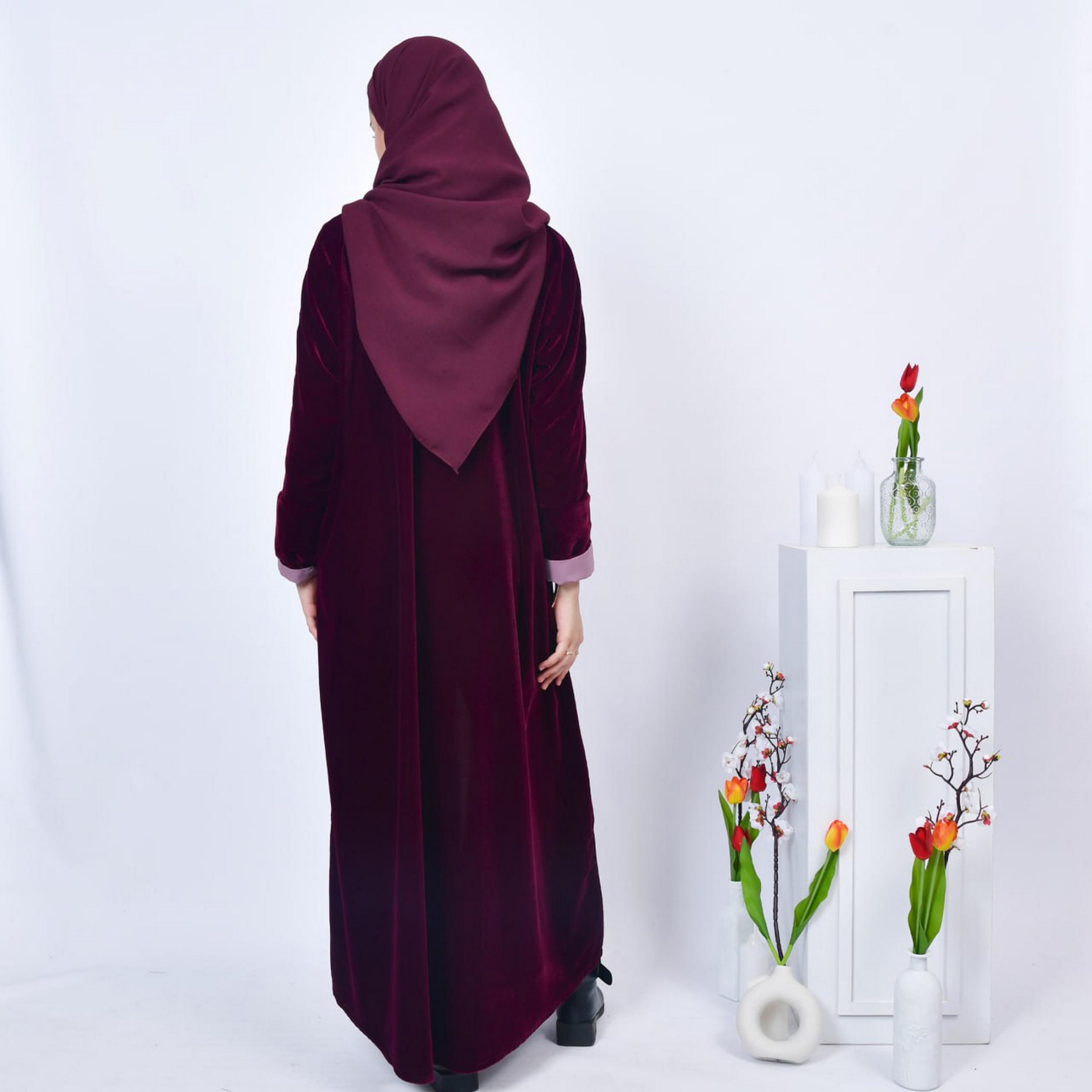 Hawraa Burgundy Open-Front Neck Velvet Girls Abaya with Hijab-girls-arabicclothing-abayas-image-5