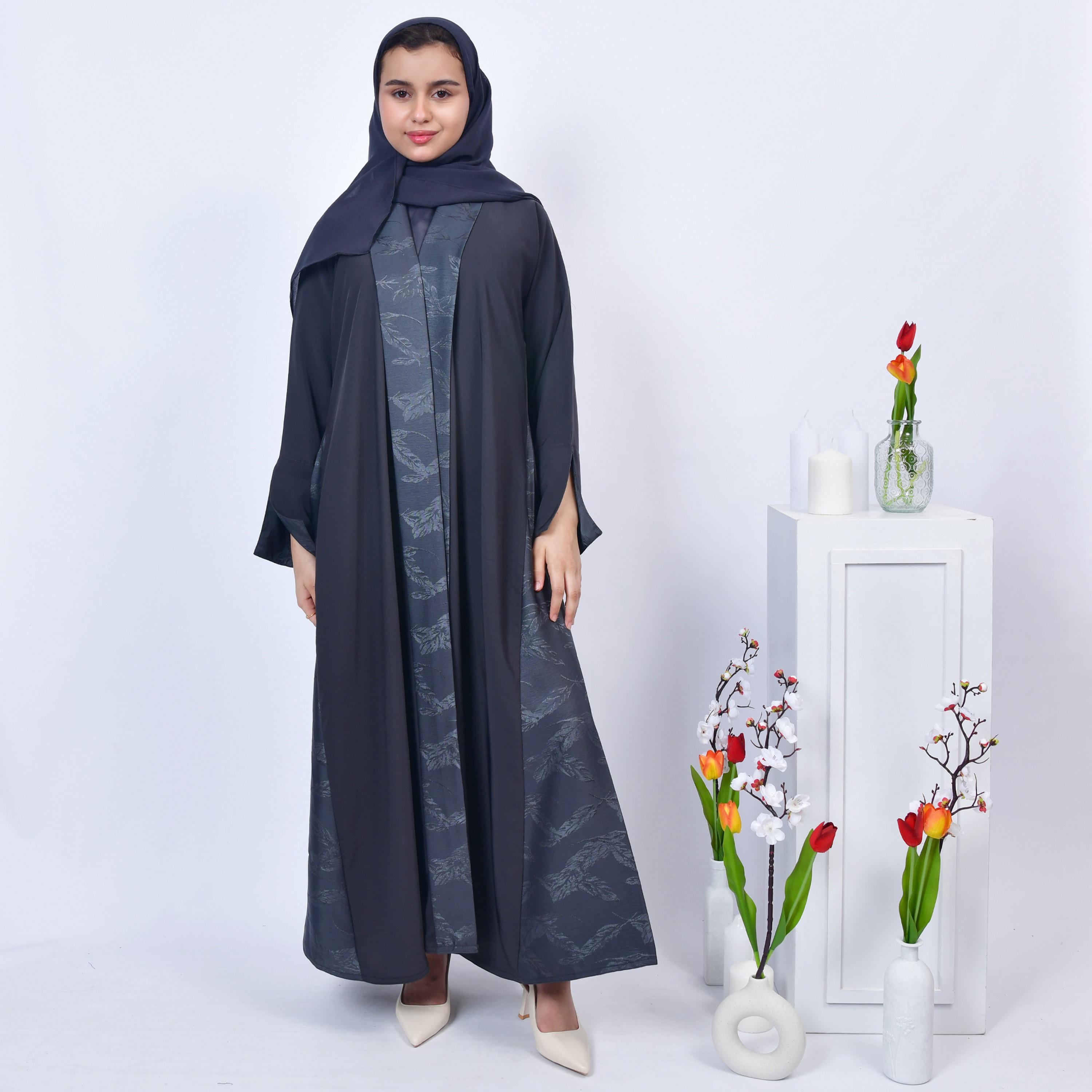 Hawraa Grey Leaf Print Open-Front Neck Slit Detail Sleeves Jacquard Girls Abaya with Hijab-girls-arabicclothing-abayas-image-1