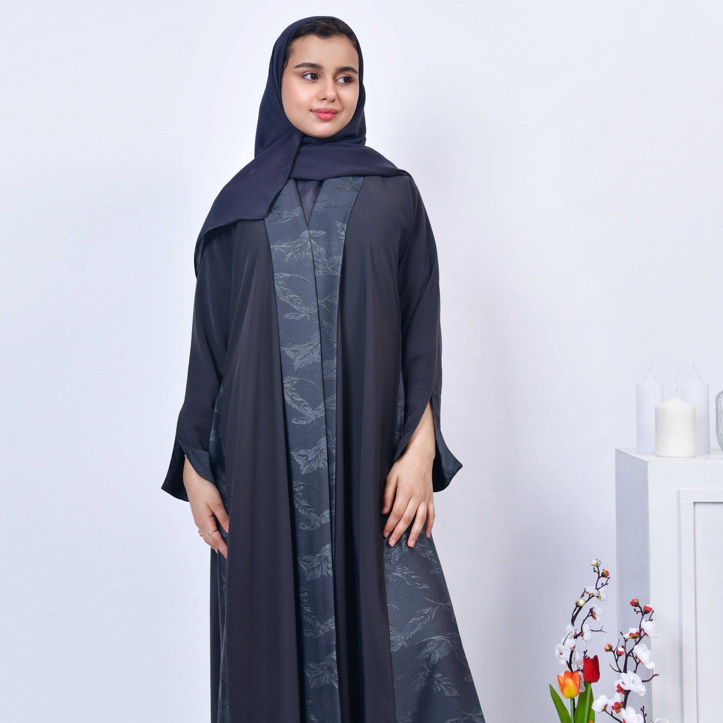 Hawraa Grey Leaf Print Open-Front Neck Slit Detail Sleeves Jacquard Girls Abaya with Hijab-girls-arabicclothing-abayas-image-2