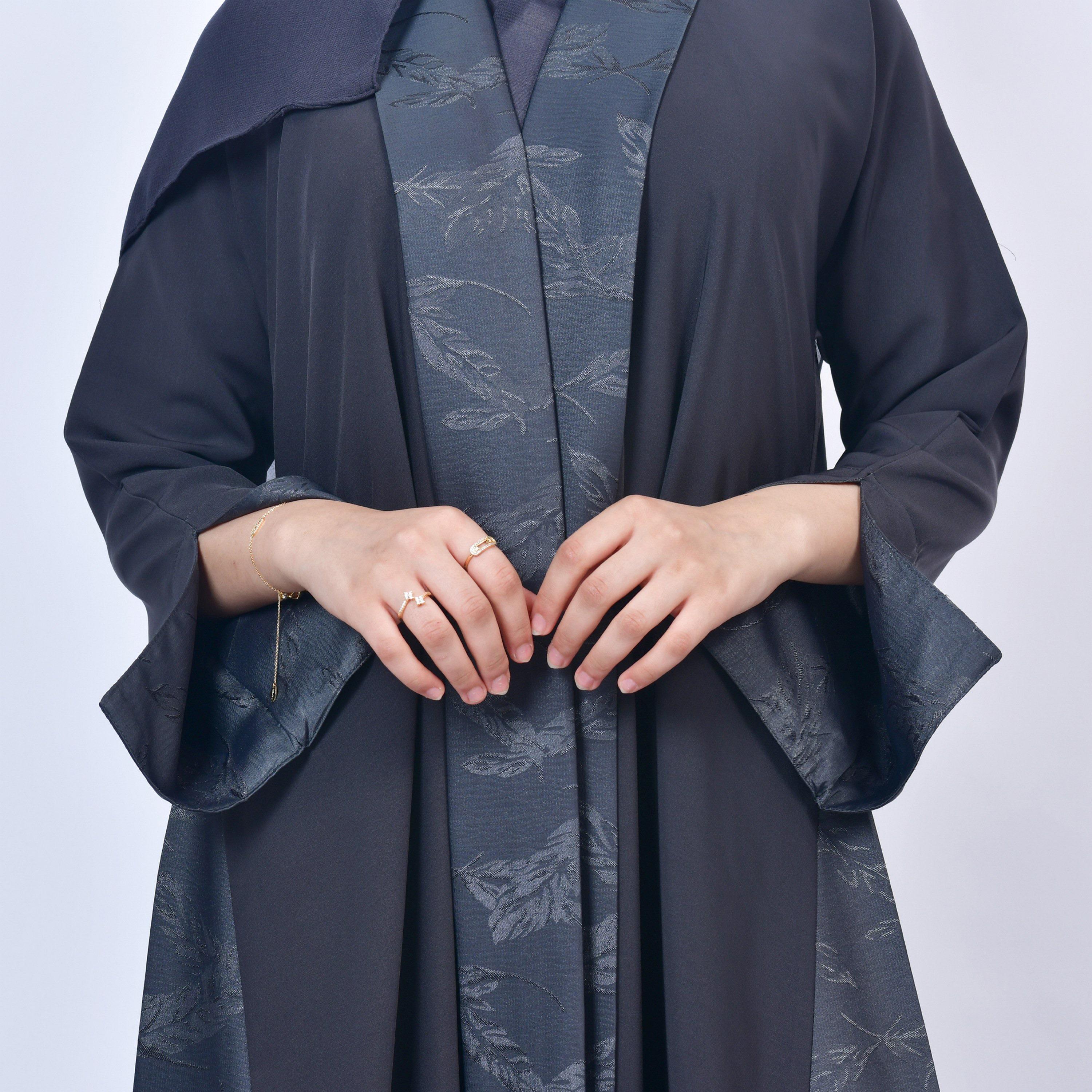 Hawraa Grey Leaf Print Open-Front Neck Slit Detail Sleeves Jacquard Girls Abaya with Hijab-girls-arabicclothing-abayas-image-3