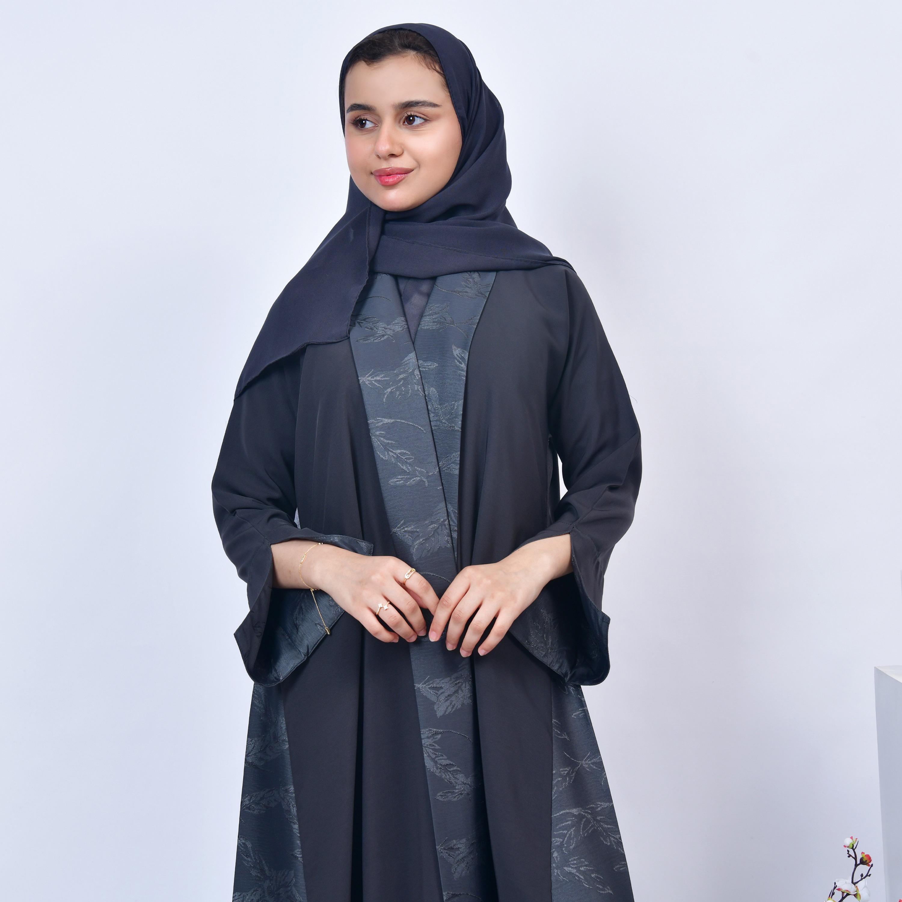 Hawraa Grey Leaf Print Open-Front Neck Slit Detail Sleeves Jacquard Girls Abaya with Hijab-girls-arabicclothing-abayas-image-4