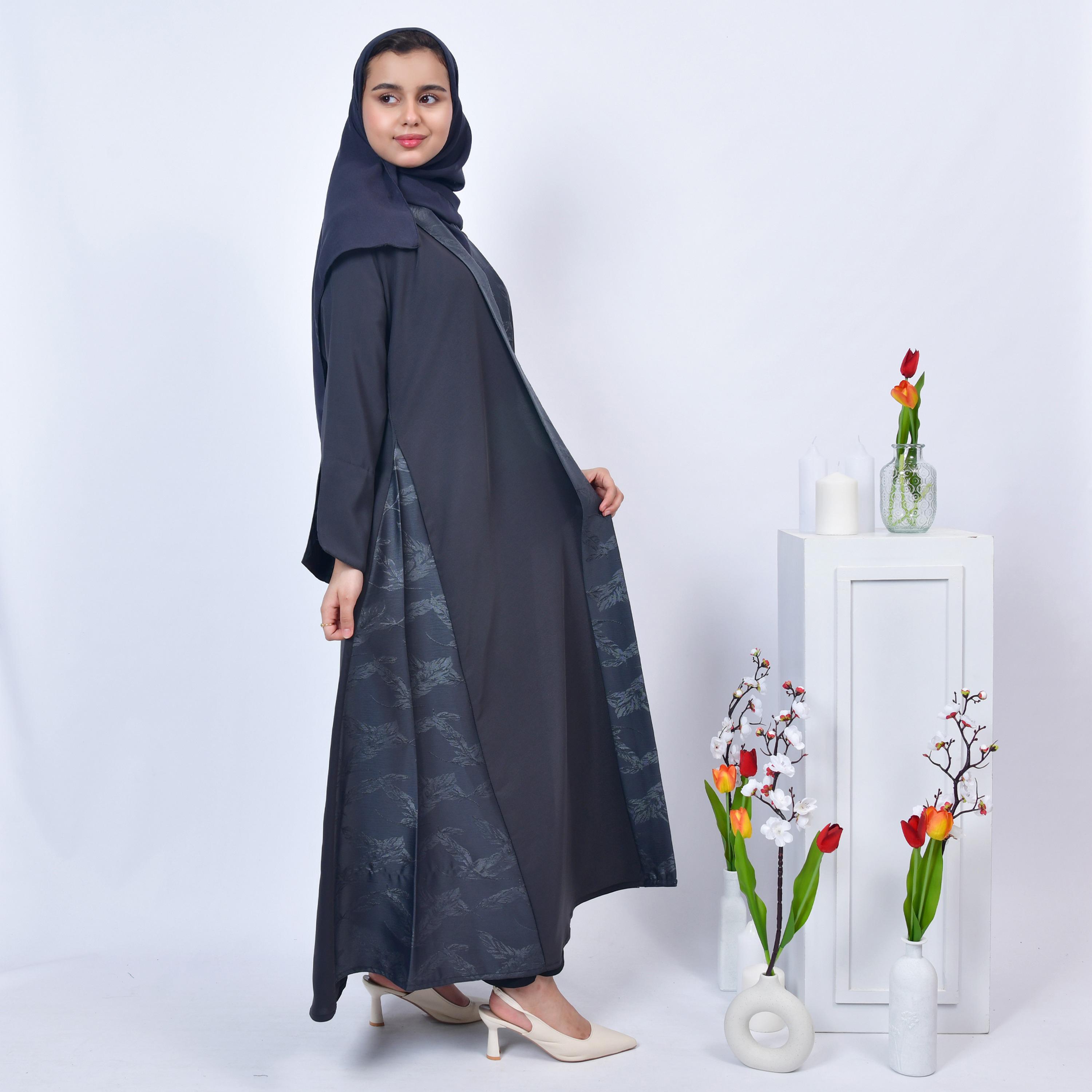 Hawraa Grey Leaf Print Open-Front Neck Slit Detail Sleeves Jacquard Girls Abaya with Hijab-girls-arabicclothing-abayas-image-5