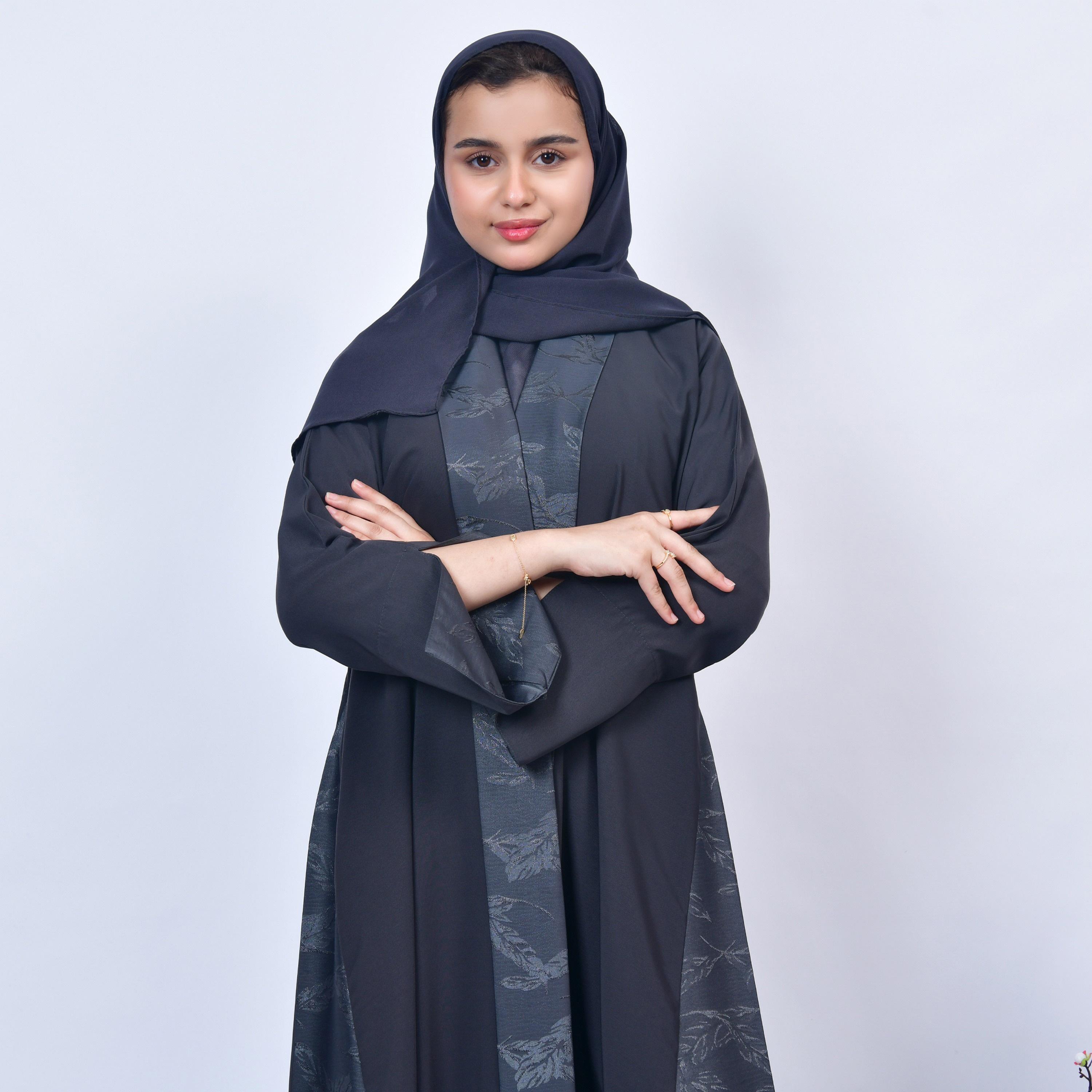 Hawraa Grey Leaf Print Open-Front Neck Slit Detail Sleeves Jacquard Girls Abaya with Hijab-girls-arabicclothing-abayas-image-6