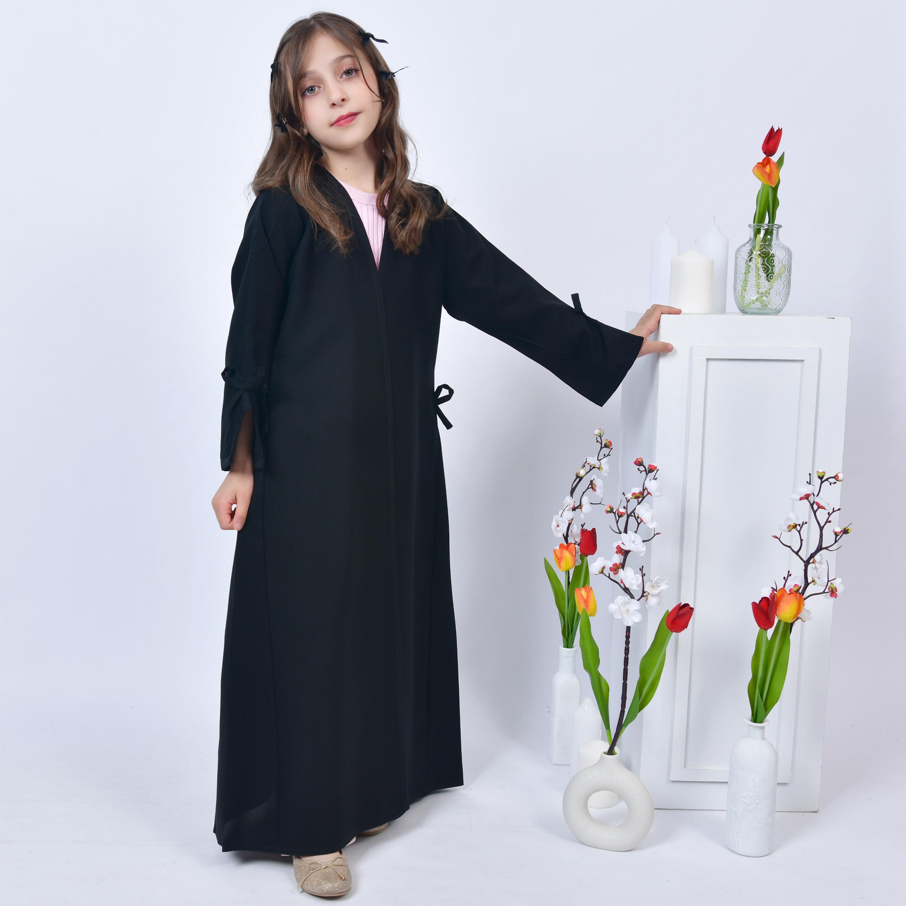 Hawraa Black Open-Front Neck Slit and Bow Detail Sleeves Crepe Girls Abaya-girls-arabicclothing-abayas-image-1