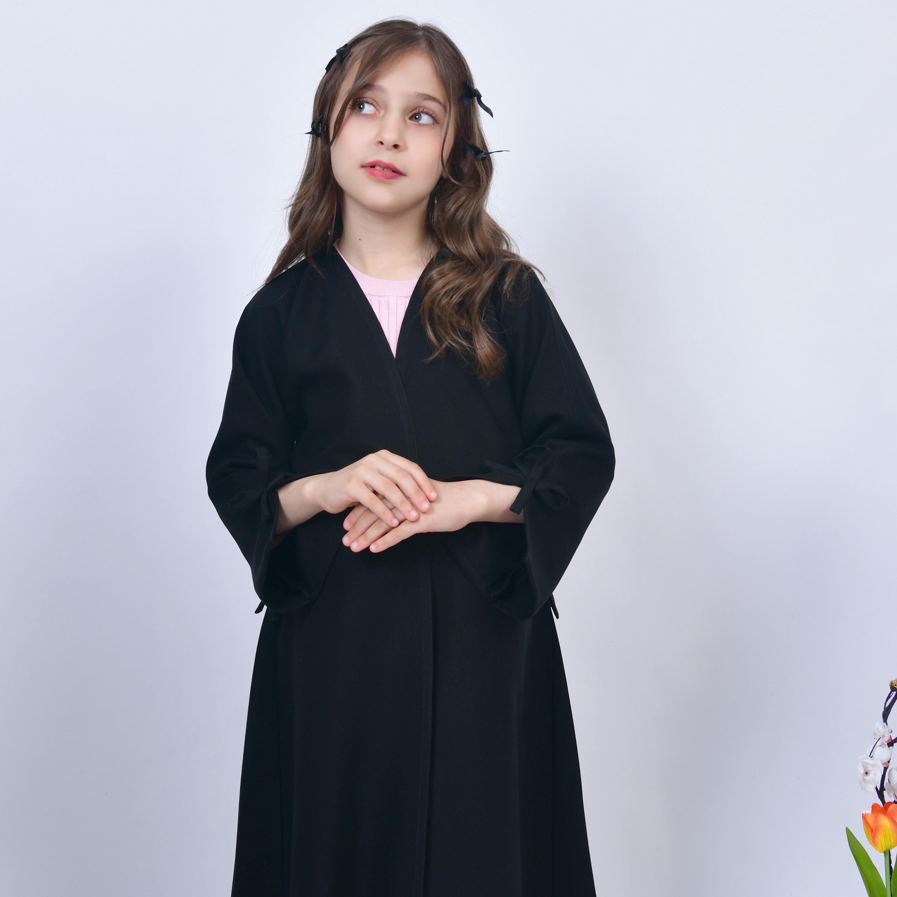 Hawraa Black Open-Front Neck Slit and Bow Detail Sleeves Crepe Girls Abaya-girls-arabicclothing-abayas-image-2