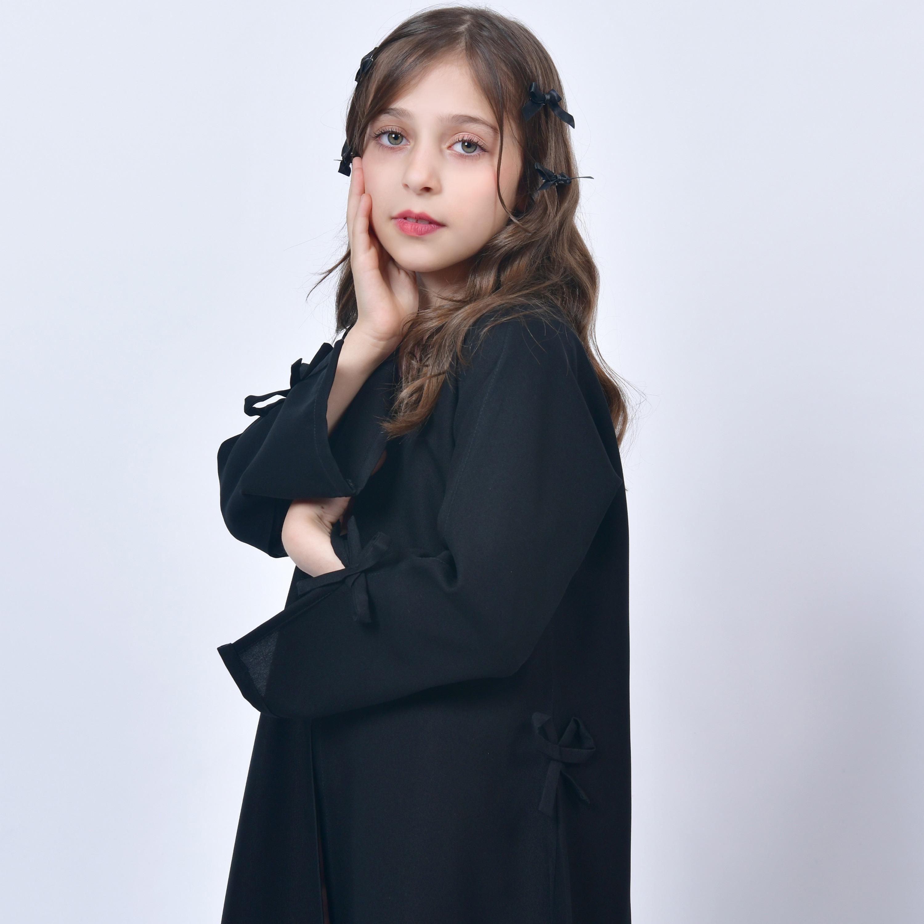 Hawraa Black Open-Front Neck Slit and Bow Detail Sleeves Crepe Girls Abaya-girls-arabicclothing-abayas-image-3