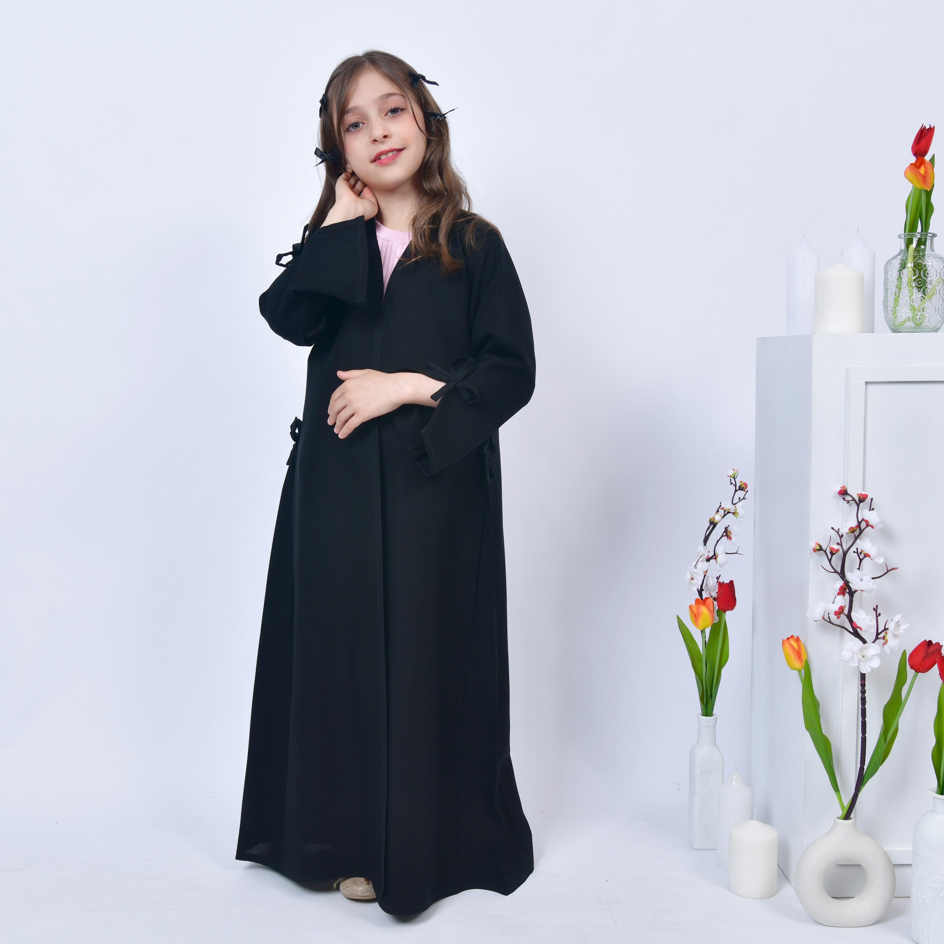 Hawraa Black Open-Front Neck Slit and Bow Detail Sleeves Crepe Girls Abaya-girls-arabicclothing-abayas-image-4