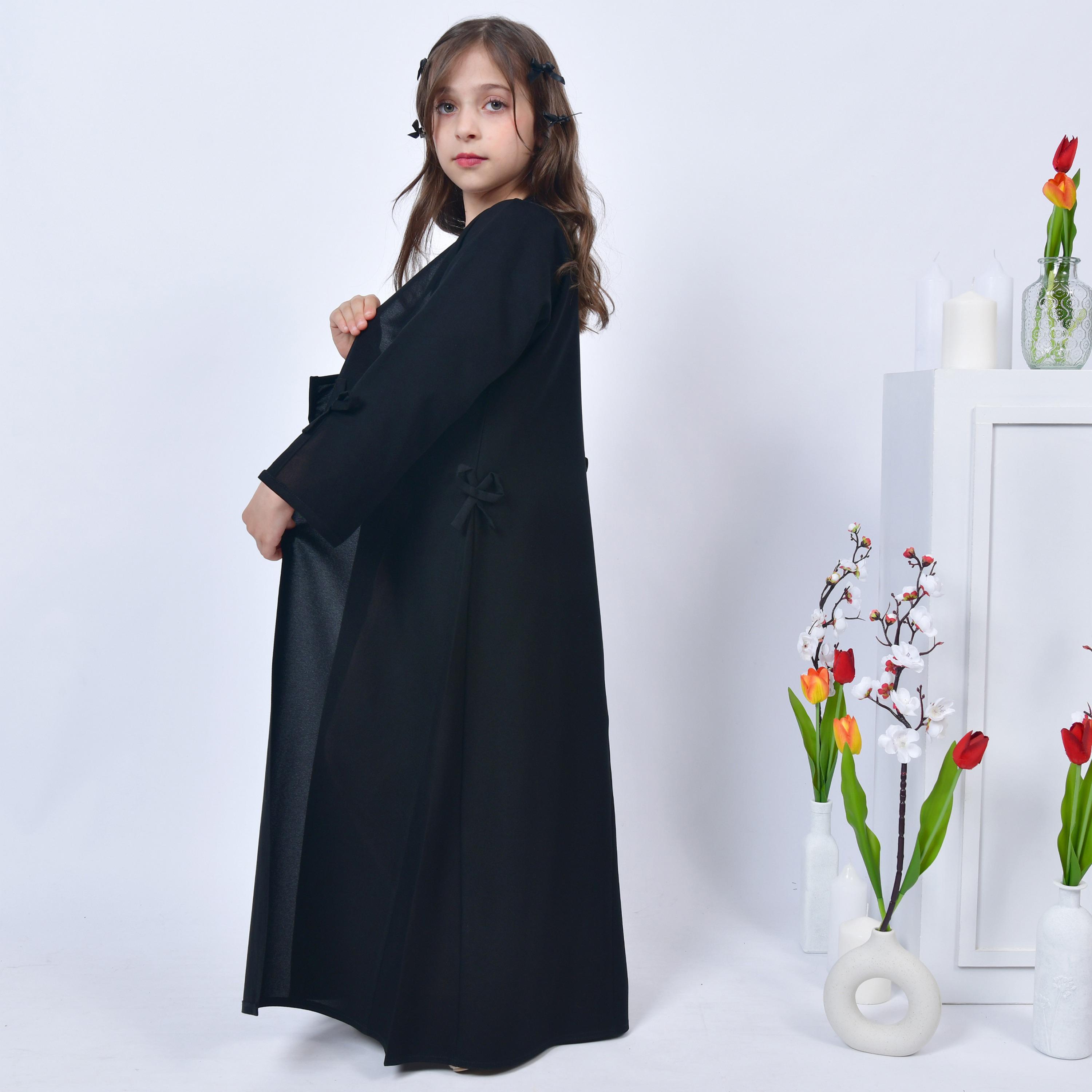 Hawraa Black Open-Front Neck Slit and Bow Detail Sleeves Crepe Girls Abaya-girls-arabicclothing-abayas-image-5