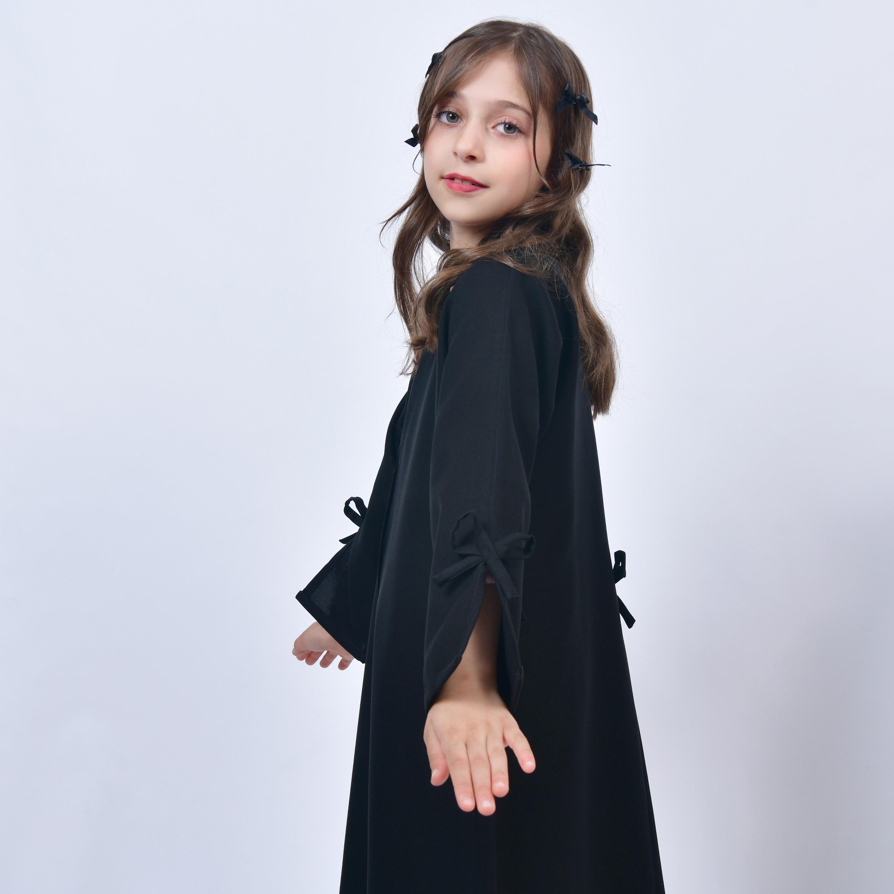 Hawraa Black Open-Front Neck Slit and Bow Detail Sleeves Crepe Girls Abaya-girls-arabicclothing-abayas-image-6