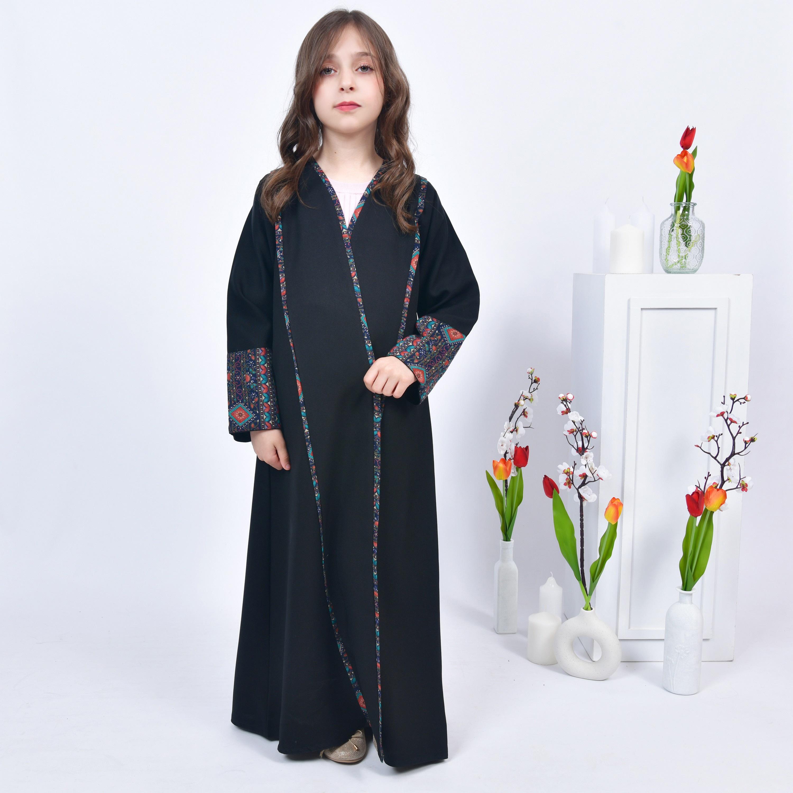 Hawraa Black Open-Front Neck Crepe Girls Abaya with Hijab-girls-arabicclothing-abayas-image-1
