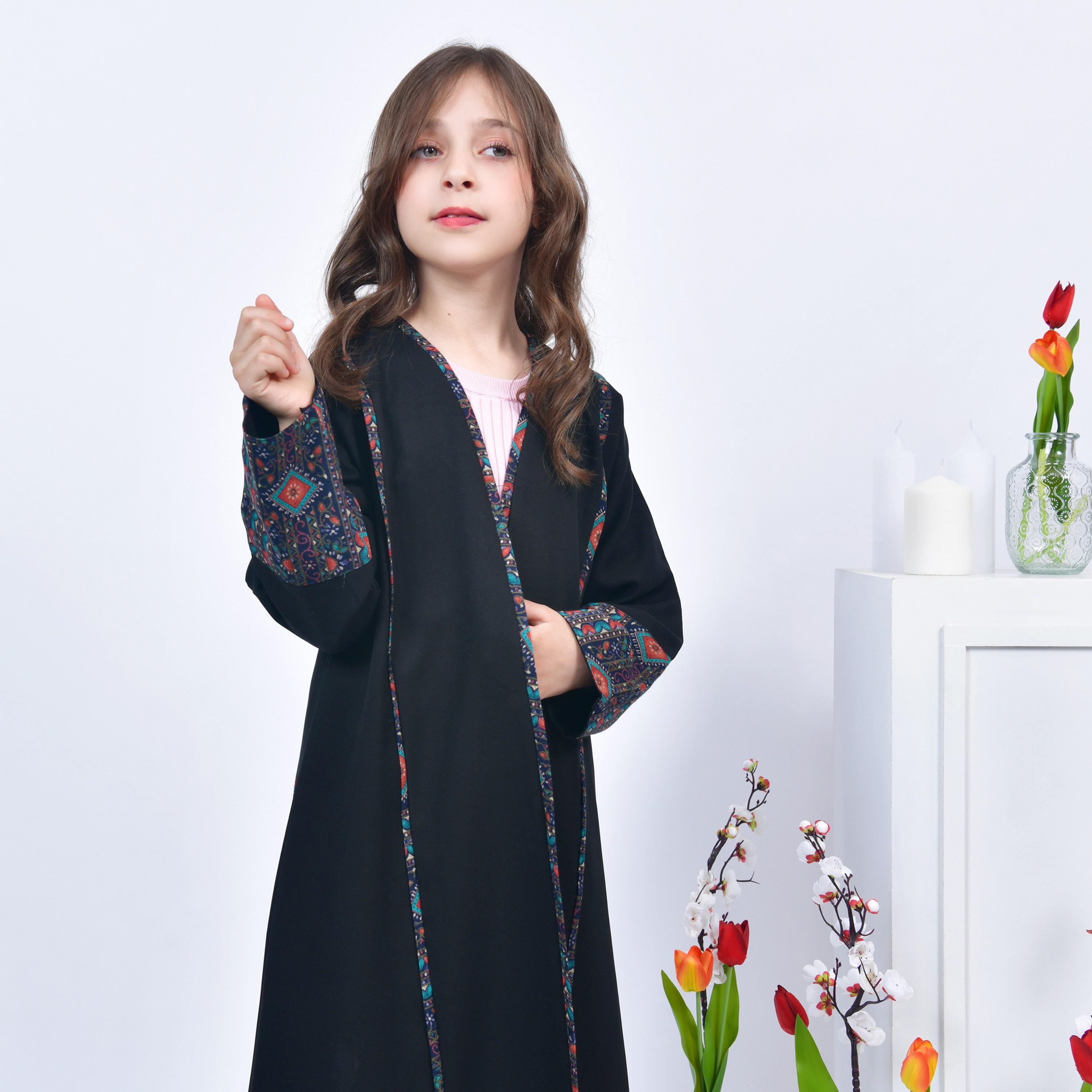 Hawraa Black Open-Front Neck Crepe Girls Abaya with Hijab-girls-arabicclothing-abayas-image-2