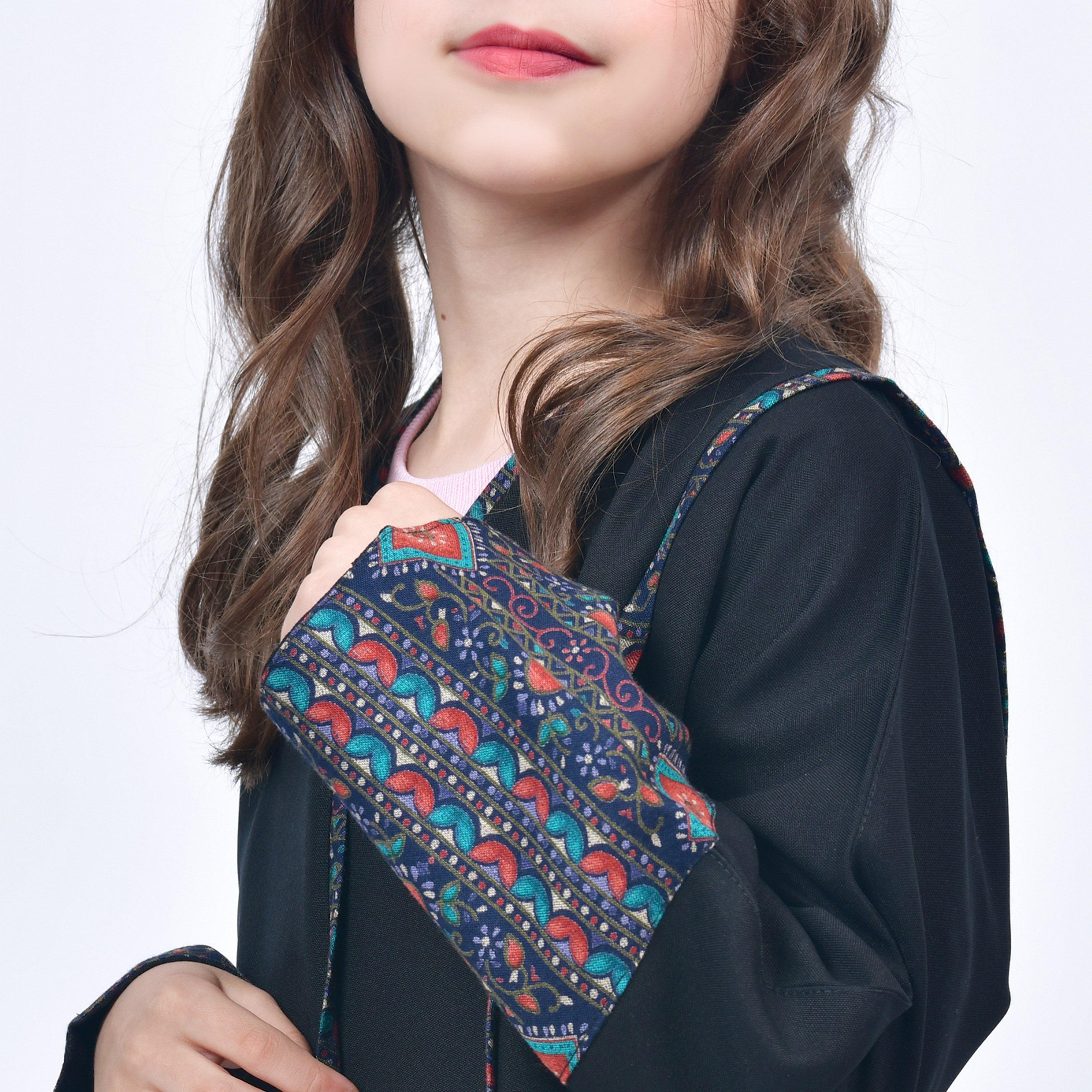 Hawraa Black Open-Front Neck Crepe Girls Abaya with Hijab-girls-arabicclothing-abayas-image-3