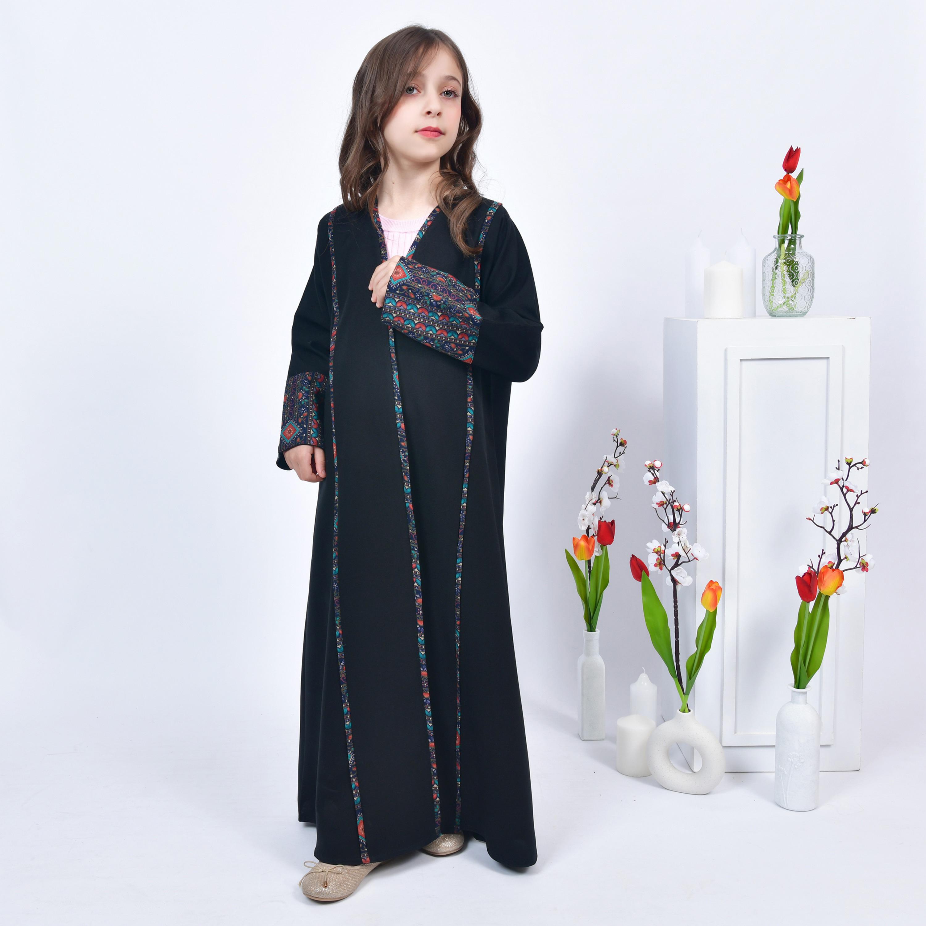 Hawraa Black Open-Front Neck Crepe Girls Abaya with Hijab-girls-arabicclothing-abayas-image-4
