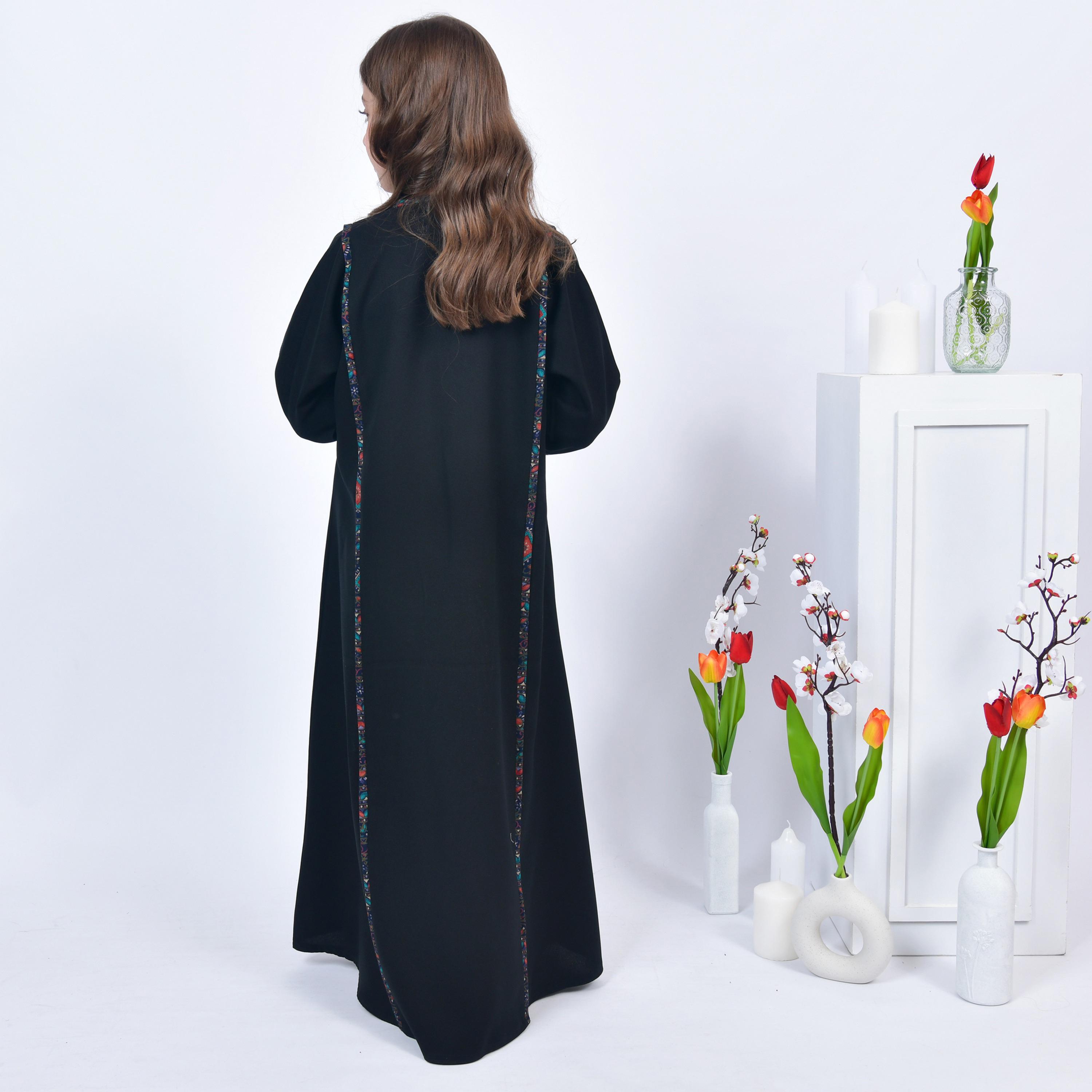 Hawraa Black Open-Front Neck Crepe Girls Abaya with Hijab-girls-arabicclothing-abayas-image-5